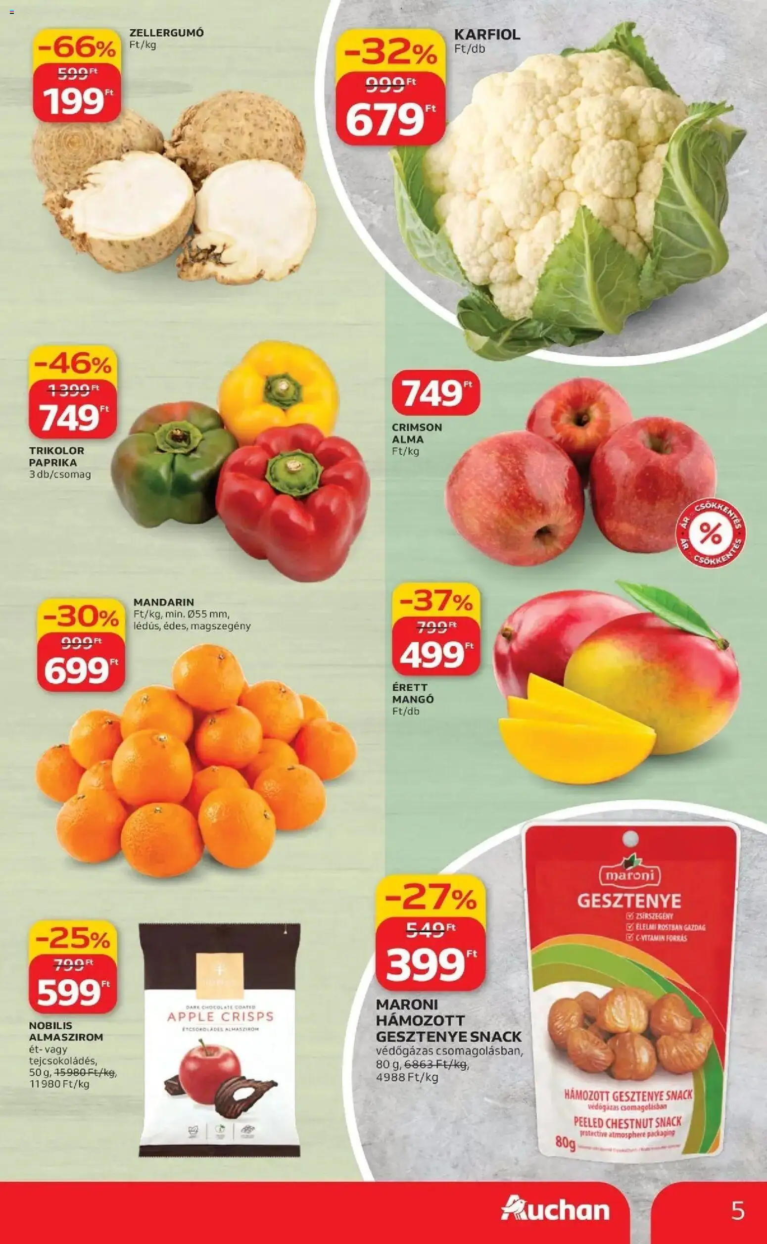 Auchan akciós ujság - amely érvényes a következő dátumtól: 19.03.2026 | Oldal: 5 | Termékek: Karfiol, Alma, Mandarin, Mangó