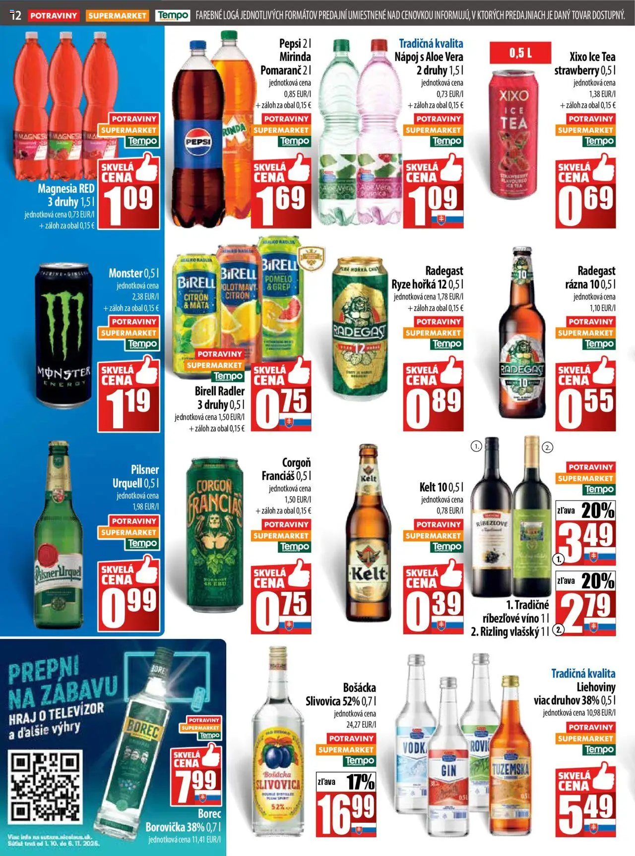 Nové COOP Jednota akcie – leták je platný od 16.10.2025 | Strana: 12 | Produkty: Borovička, Radegast, Radler, Pomelo