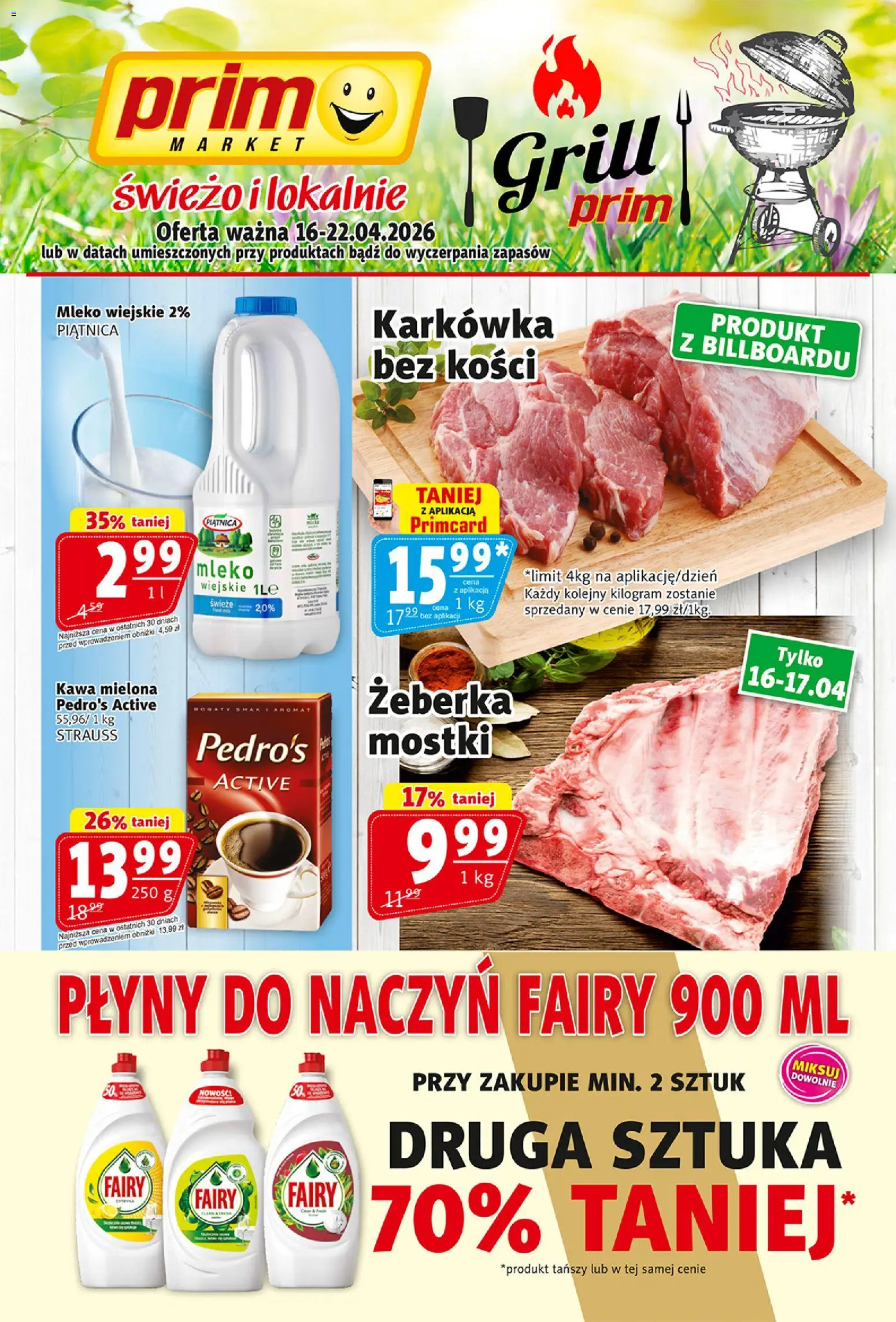 Prim Market gazetka od 16.04.2026 | Strona: 1 | Produkty: Karkówka, Grill, Kawa, Fairy
