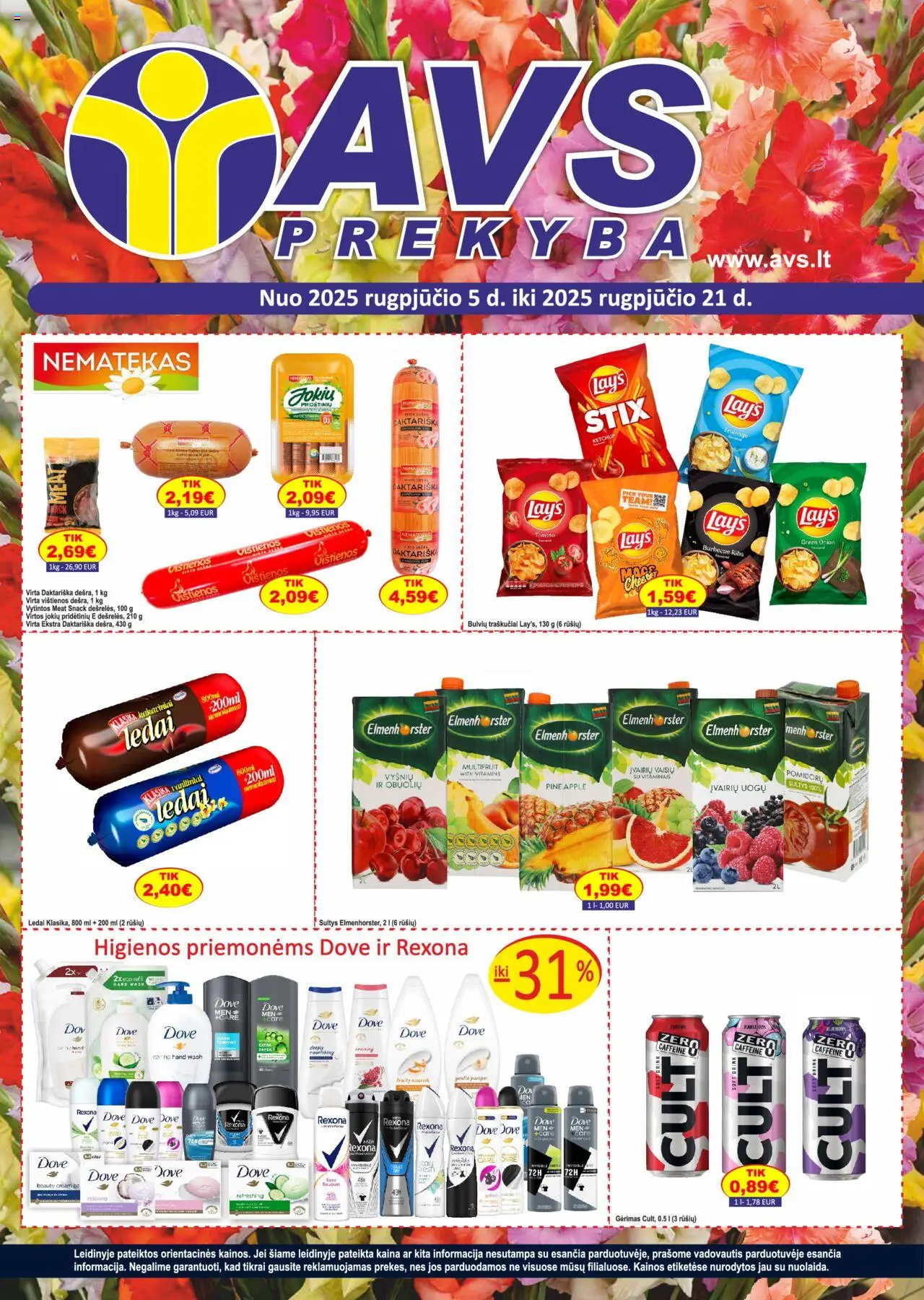 AVS leidinys│galioja nuo 05.08.2025 | Puslapis: 1 | Prekių: Vištienos, Sultys, Dešra, Traškučiai
