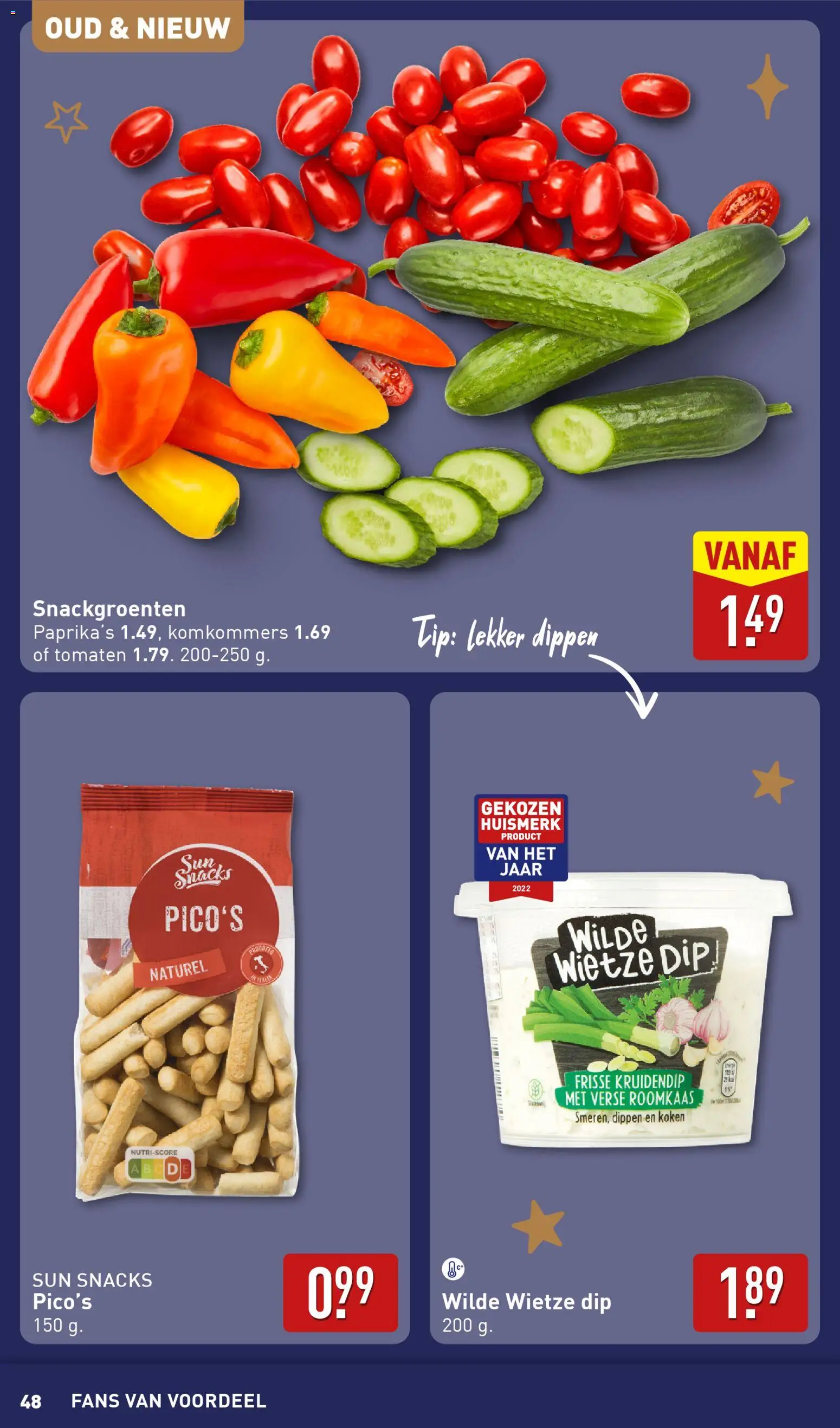 {H1} | Pagina: 48 | Producten: Snacks, Tomaten, Komkommers, Dip