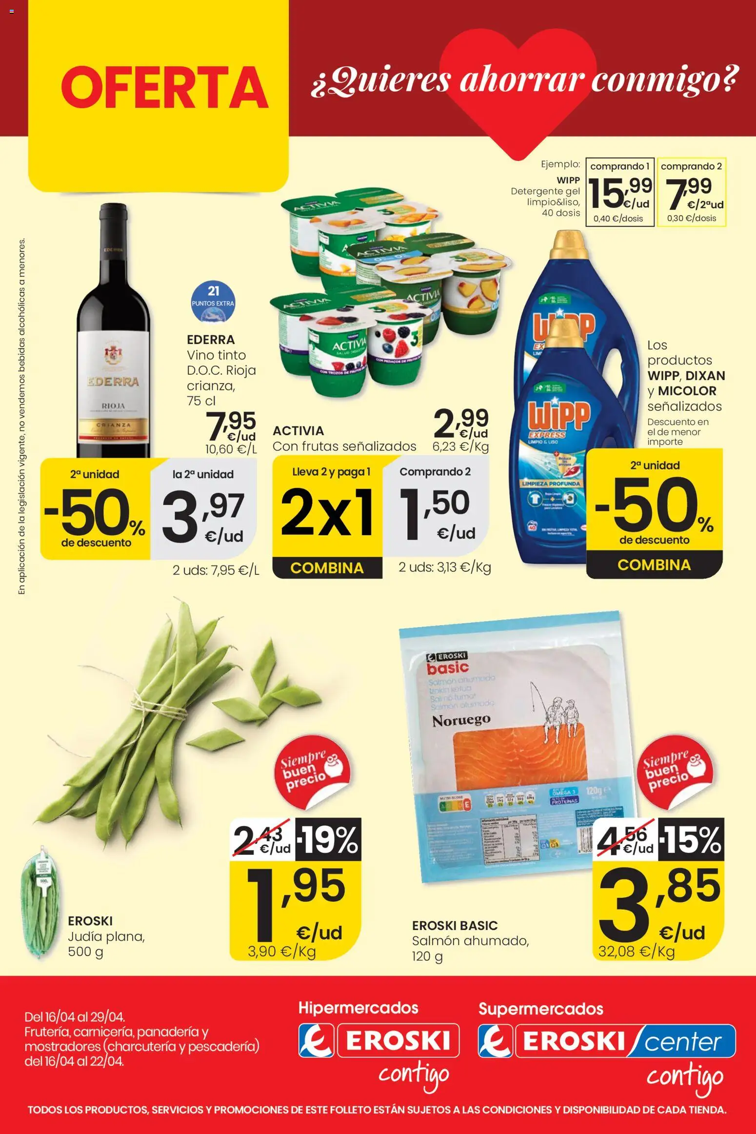 Eroski Quieres ahorrar conmigo │ válido desde el 16.04.2026 | Página: 1 | Productos: Detergente, Vino, Salmón ahumado, Panadería