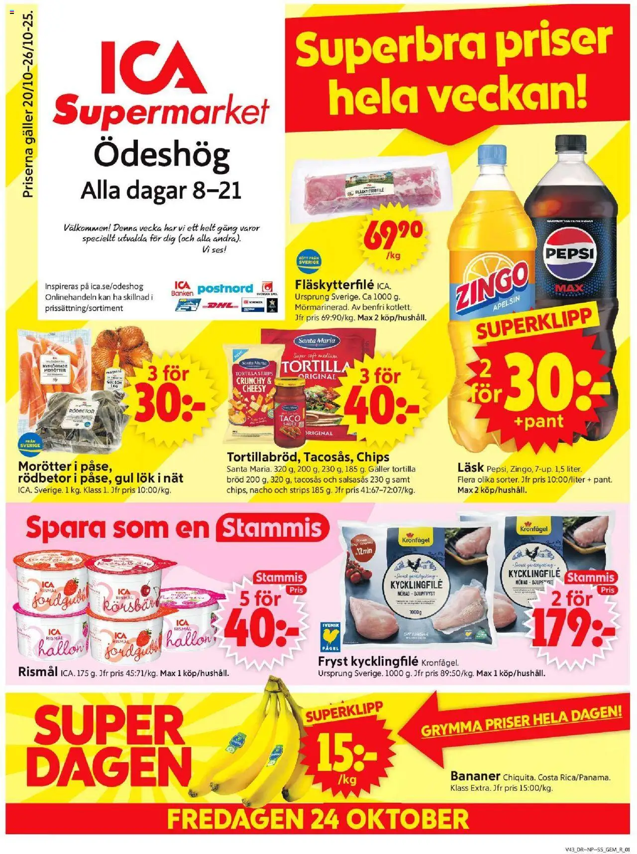 ICA Supermarket reklamblad aktuell från 20.10.2025 | Sida: 1 | Produkter: Jord, Fläskytterfilé, Pepsi, Apelsin