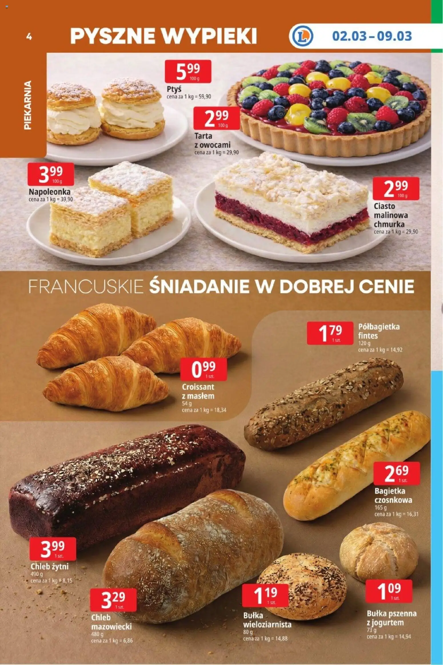 E.Leclerc Gazetka  od 02.03.2026 | Strona: 4 | Produkty: Piekarnia, Bagietka czosnkowa, Bagietka, Bułka pszenna