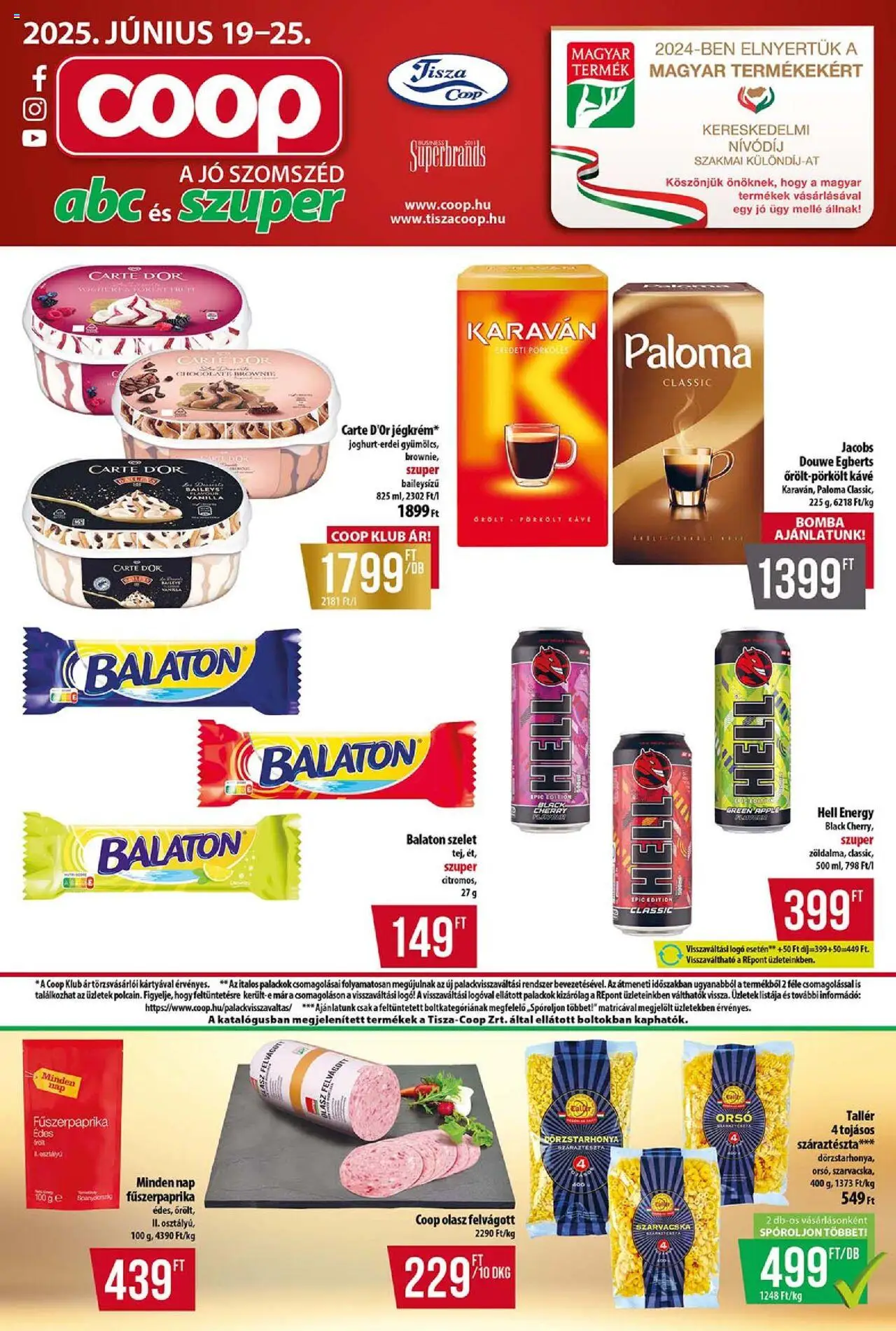 COOP akciós ujság - amely érvényes a következő dátumtól: 19.06.2025 | Oldal: 1 | Termékek: Olasz felvágott, Kávé, Felvágott, Brownie
