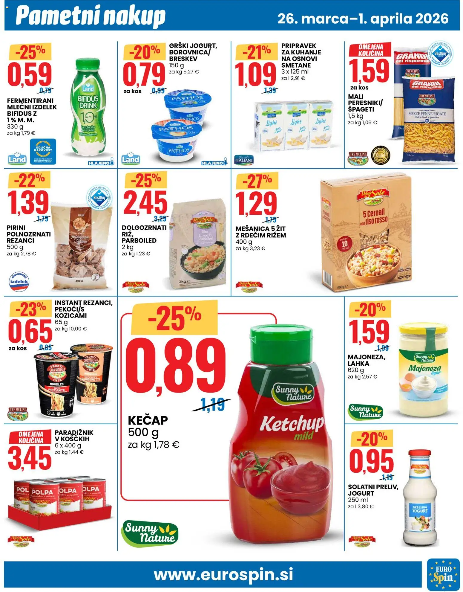 Novi Eurospin katalog ponudbe – veljaven od 26.03.2026 | Stran: 9 | Izdelki: Rezanci, Kos, Jogurt, Spageti