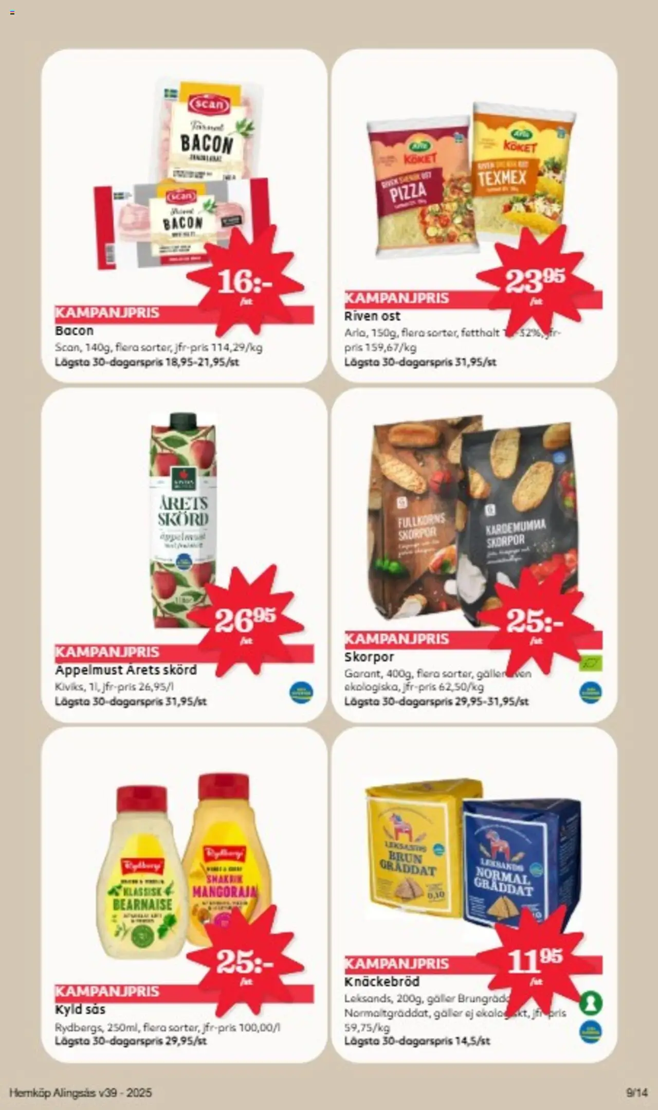 Hemköp reklamblad aktuell från 22.09.2025 | Sida: 9 | Produkter: Bacon, Knäckebröd, Riven ost, Ost