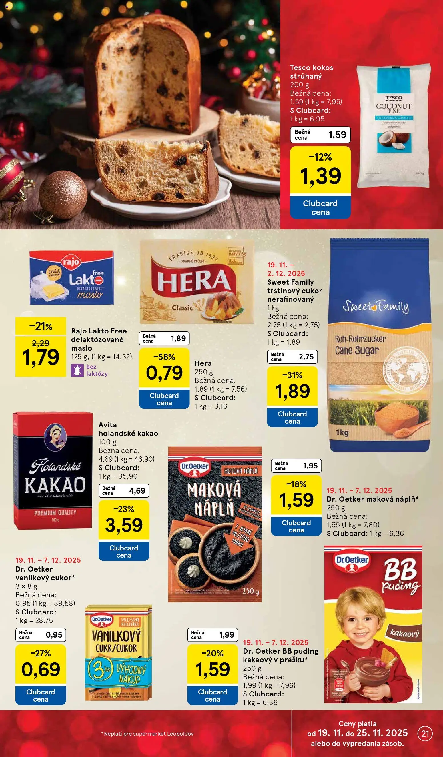 Nové Tesco akcie – leták je platný od 19.11.2025 | Strana: 21 | Produkty: Maslo, Trstinový cukor, Hera, Kakao
