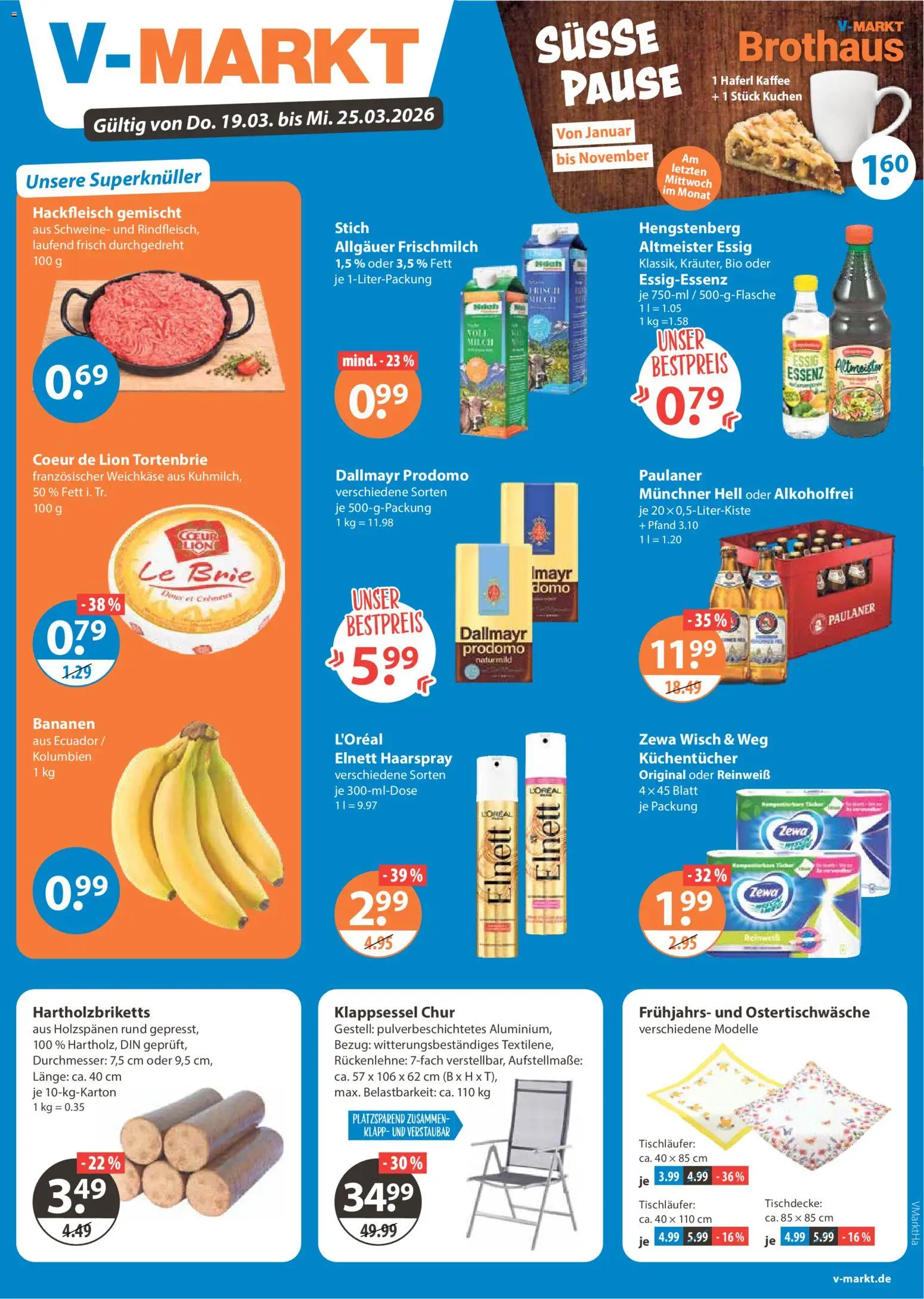 V-Markt Angebote – gültig ab 19.03.2026 | Seite: 1 | Produkte: Bananen, Zewa, Haarspray, Hackfleisch