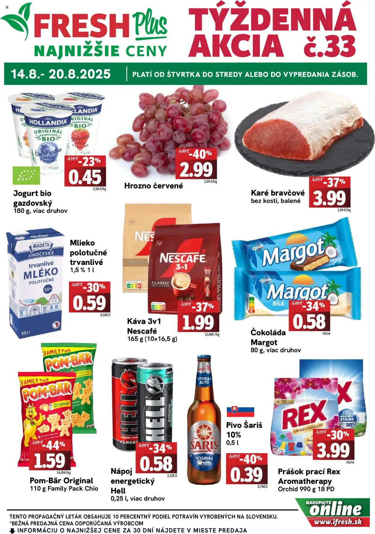 Fresh Leták │ platný od 14.08.2025 | Strana: 1 | Produkty: Mlieko, Čokoláda, Šariš, Hrozno