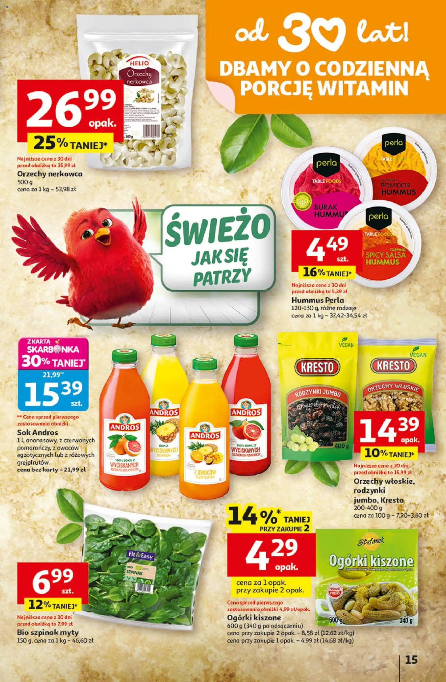 Auchan - Gazetka 30 Lat Hipermarket  od 09.04.2026 | Strona: 15 | Produkty: Burak, Szpinak, Sok, Orzechy