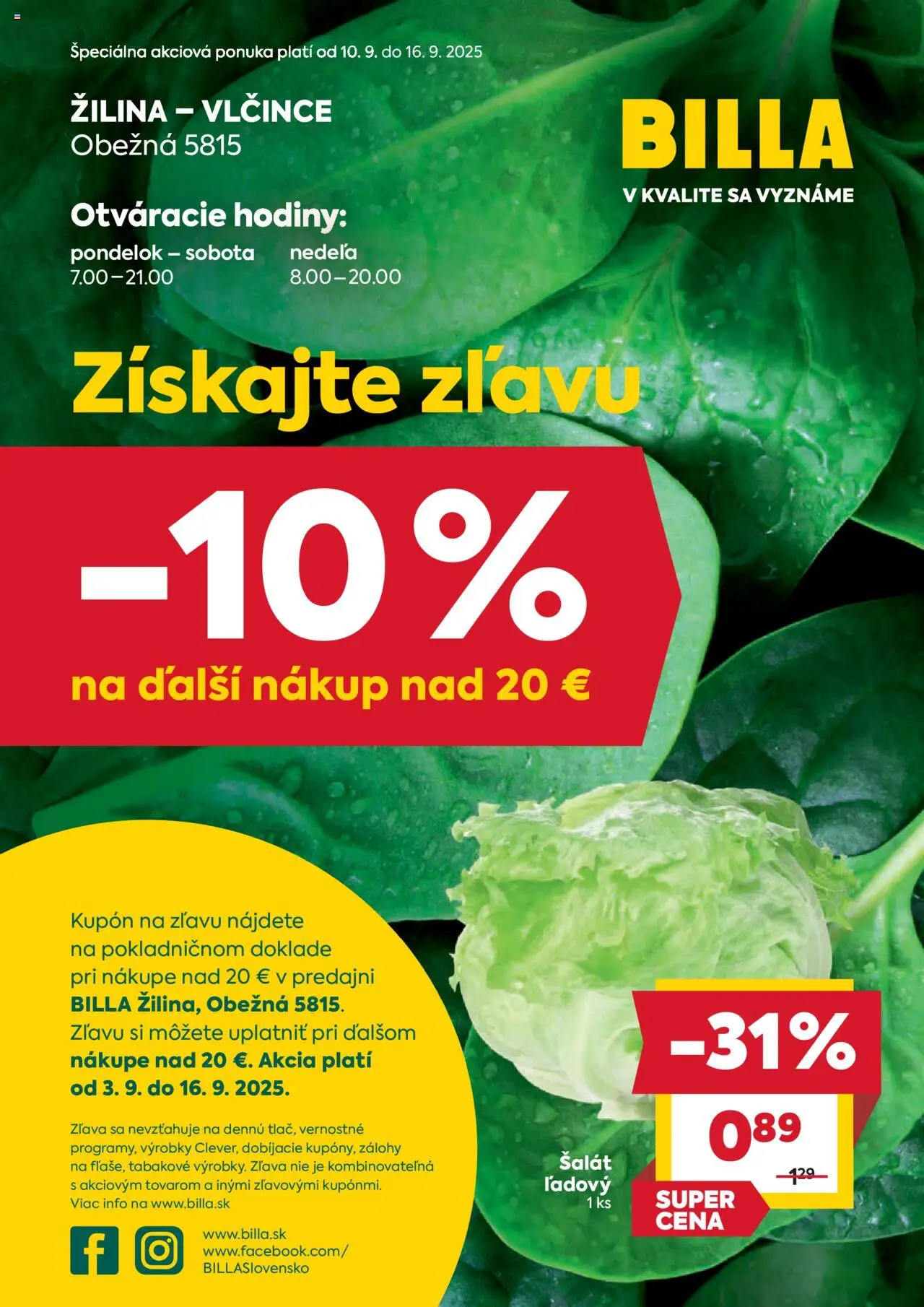 Nové Billa akcie – leták je platný od 10.09.2025 | Strana: 1 | Produkty: Hodiny, Šalát