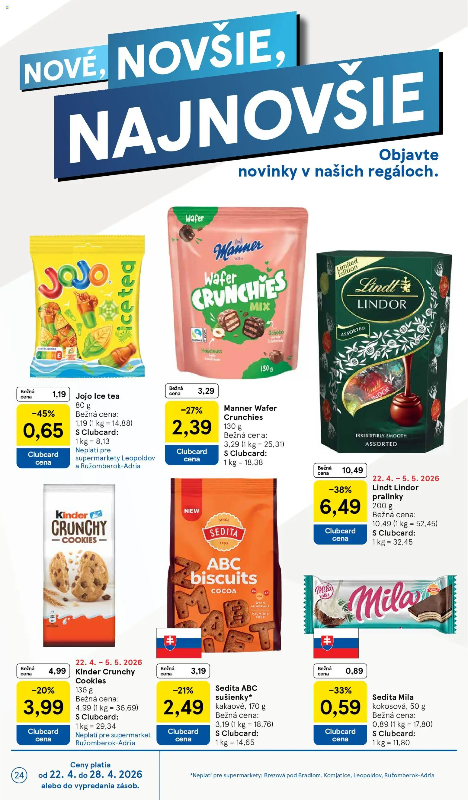 Nové Tesco akcie – leták je platný od 22.04.2026 | Strana: 24 | Produkty: Lindor, Lindt, Kinder, Mila