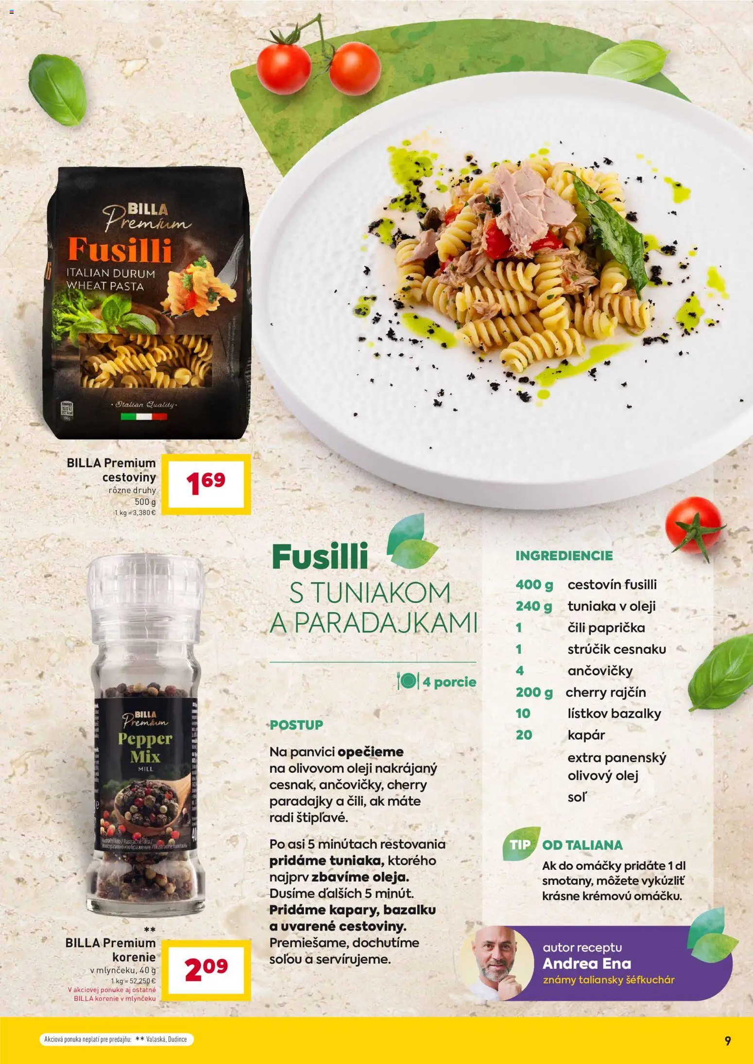 Nové Billa akcie – leták je platný od 07.04.2026 | Strana: 9 | Produkty: Olej, Fusilli, Paradajky, Korenie
