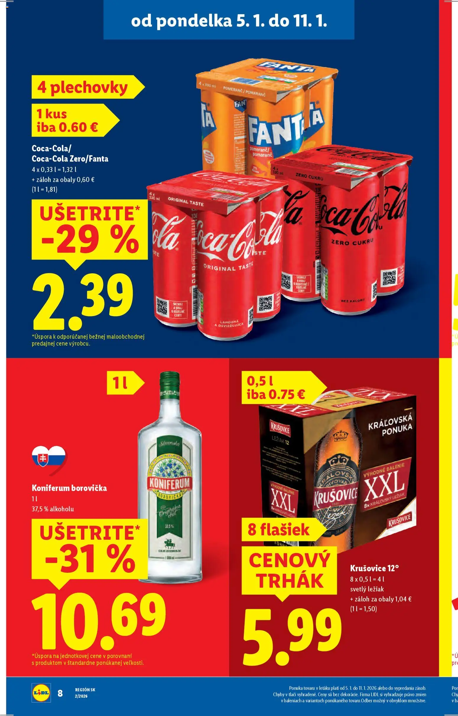 Nové Lidl akcie – leták je platný od 05.01.2026 | Strana: 8 | Produkty: Borovička, Koniferum, Krušovice, Fanta