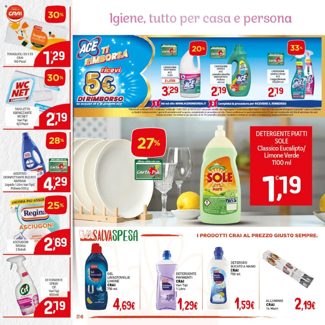 Volantino CRAI del 21.08.2025 | Pagina: 22 | Prodotti: Detergente, Candeggina, Limone, Lavastoviglie