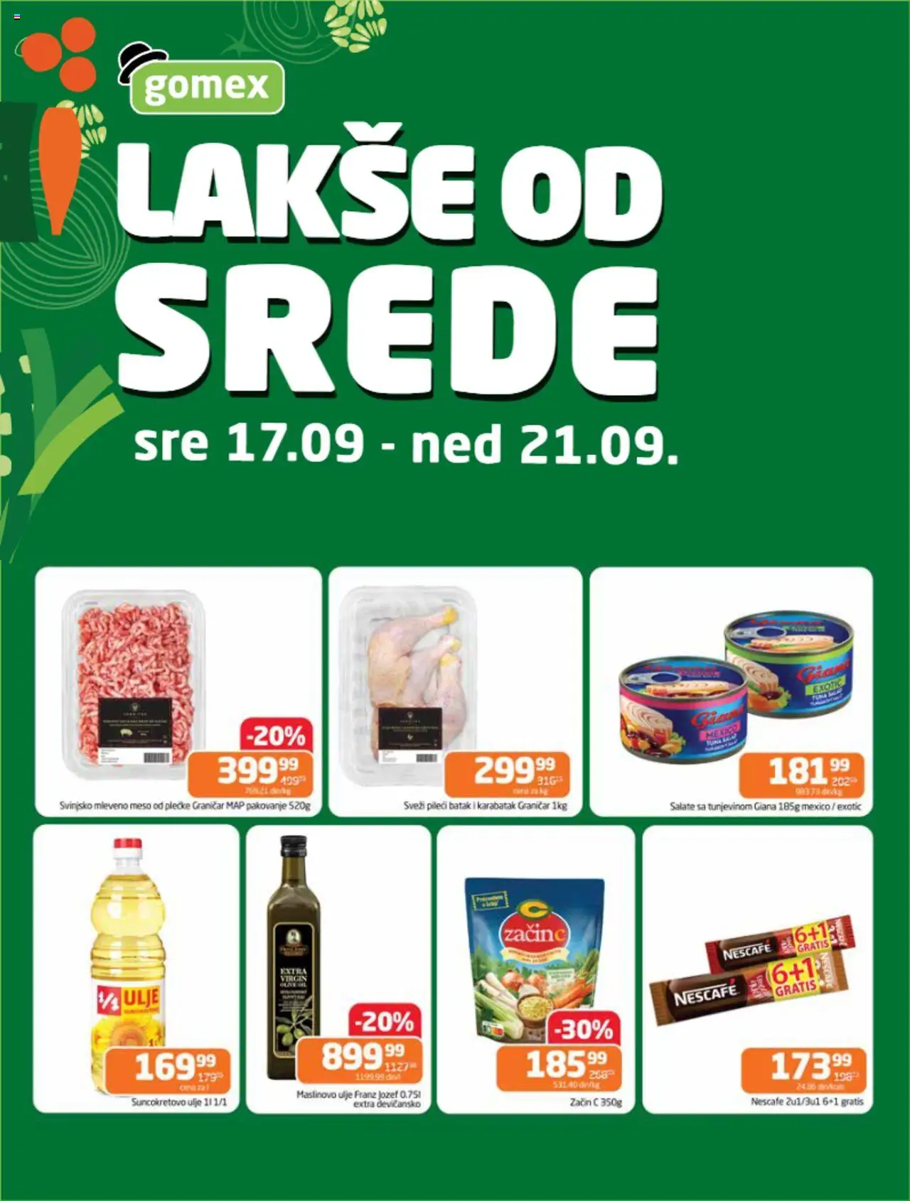 Gomex katalog - važi od 17.09.2025 | Strana: 1 | Proizvode: Svinjsko mleveno meso, Pakovanje, Suncokretovo ulje, Nescafé