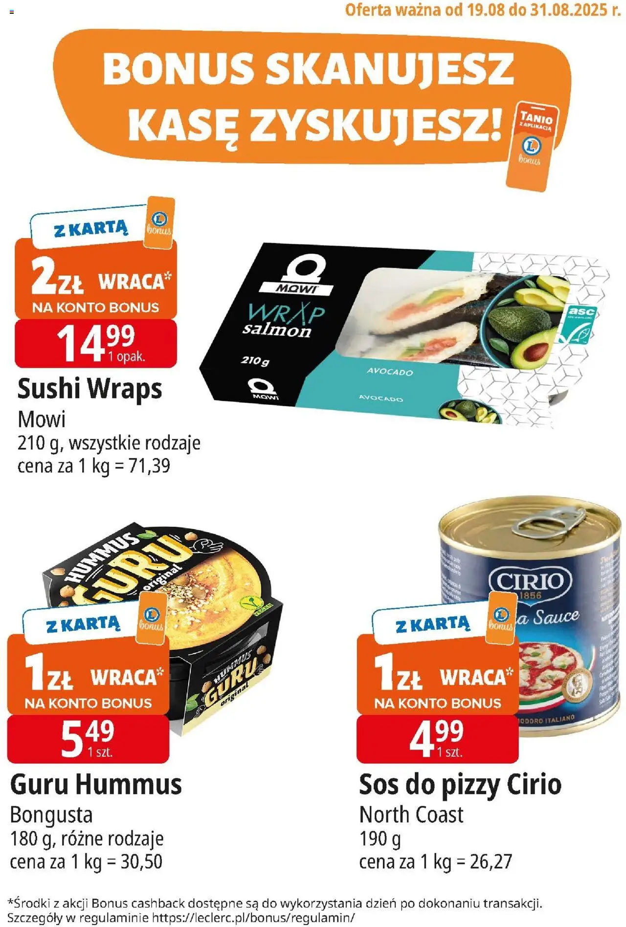 E.Leclerc Gazetka - Kupony dodatkowe od 19.08.2025 | Strona: 2 | Produkty: Karta, Sos do pizzy, Sushi, Sos