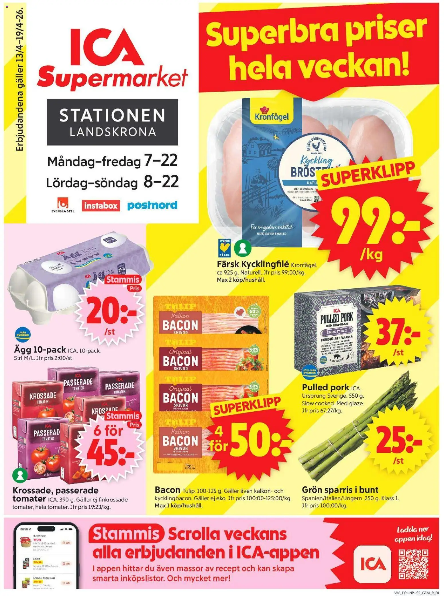ICA Supermarket reklamblad aktuell från 13.04.2026 | Sida: 1 | Produkter: Krossade tomater, Kycklingfile, Ägg, Spel