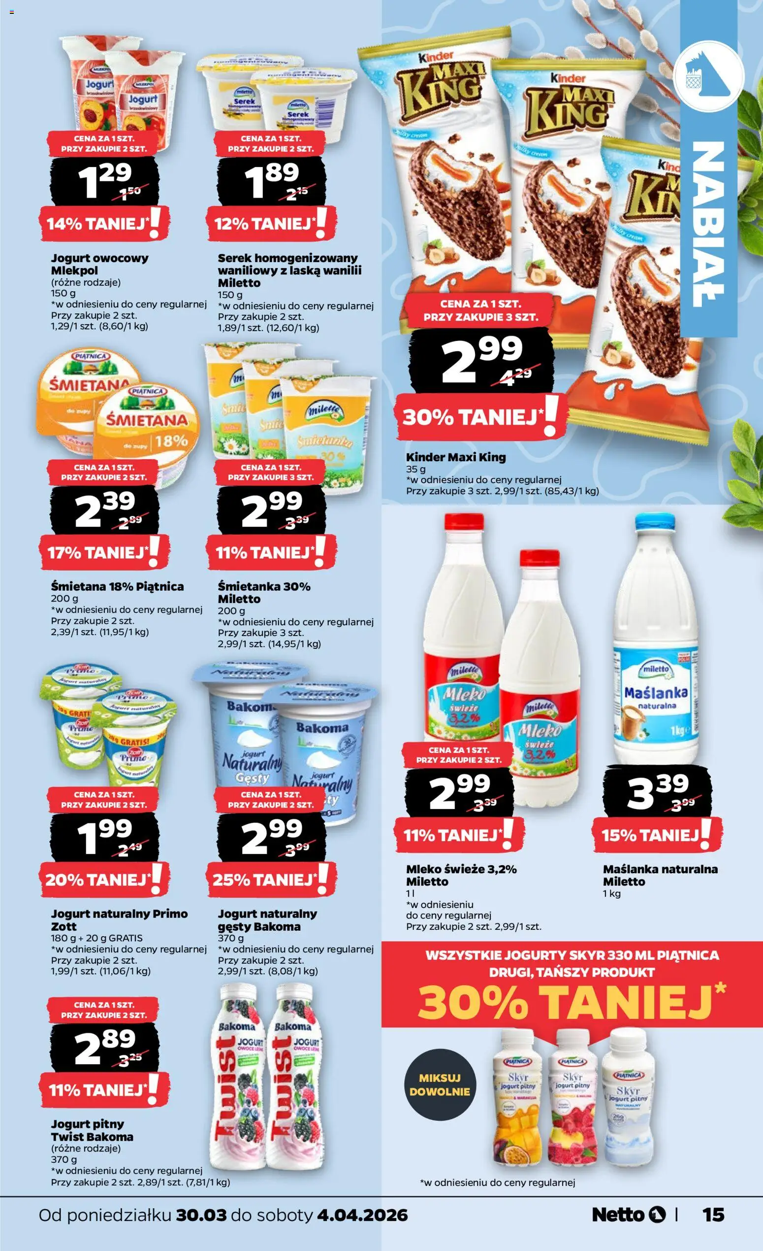 Netto gazetka od poniedziałku spożywcza od 30.03.2026 | Strona: 15 | Produkty: Serek homogenizowany, Maślanka, Jogurt owocowy, Jogurt