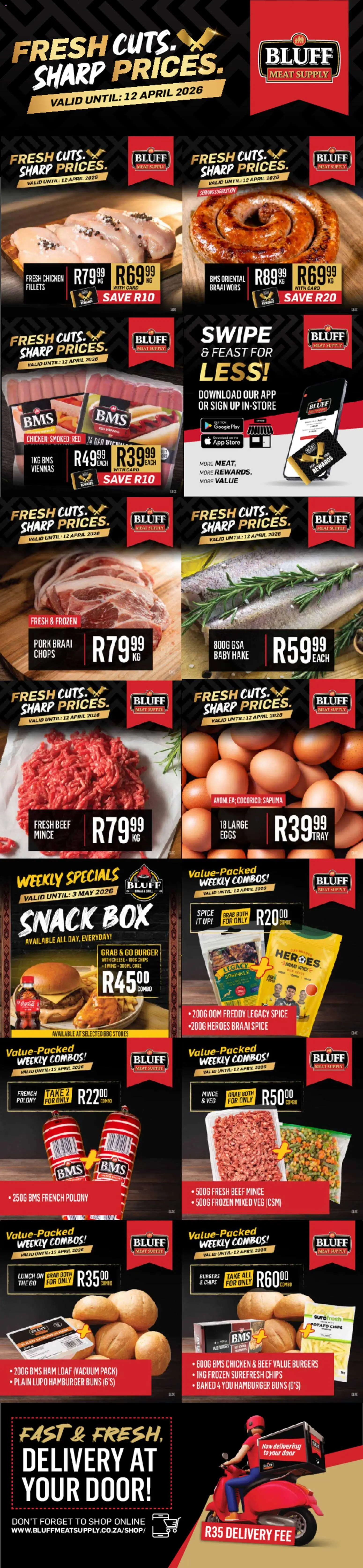 New Bluff Meat Supply catalogue – valid from 07.04.2026 | Page: 1 | Products: Grill, Cheese, Pork, Beef