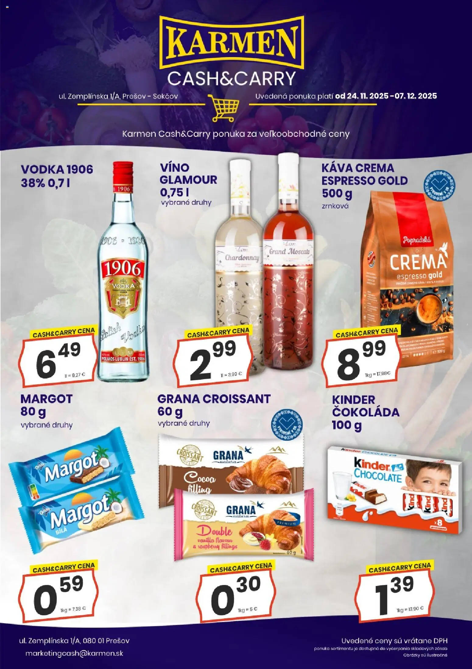 Nové KARMEN CBA akcie – leták je platný od 24.11.2025 | Strana: 1 | Produkty: Káva, Víno, Croissant, Kinder