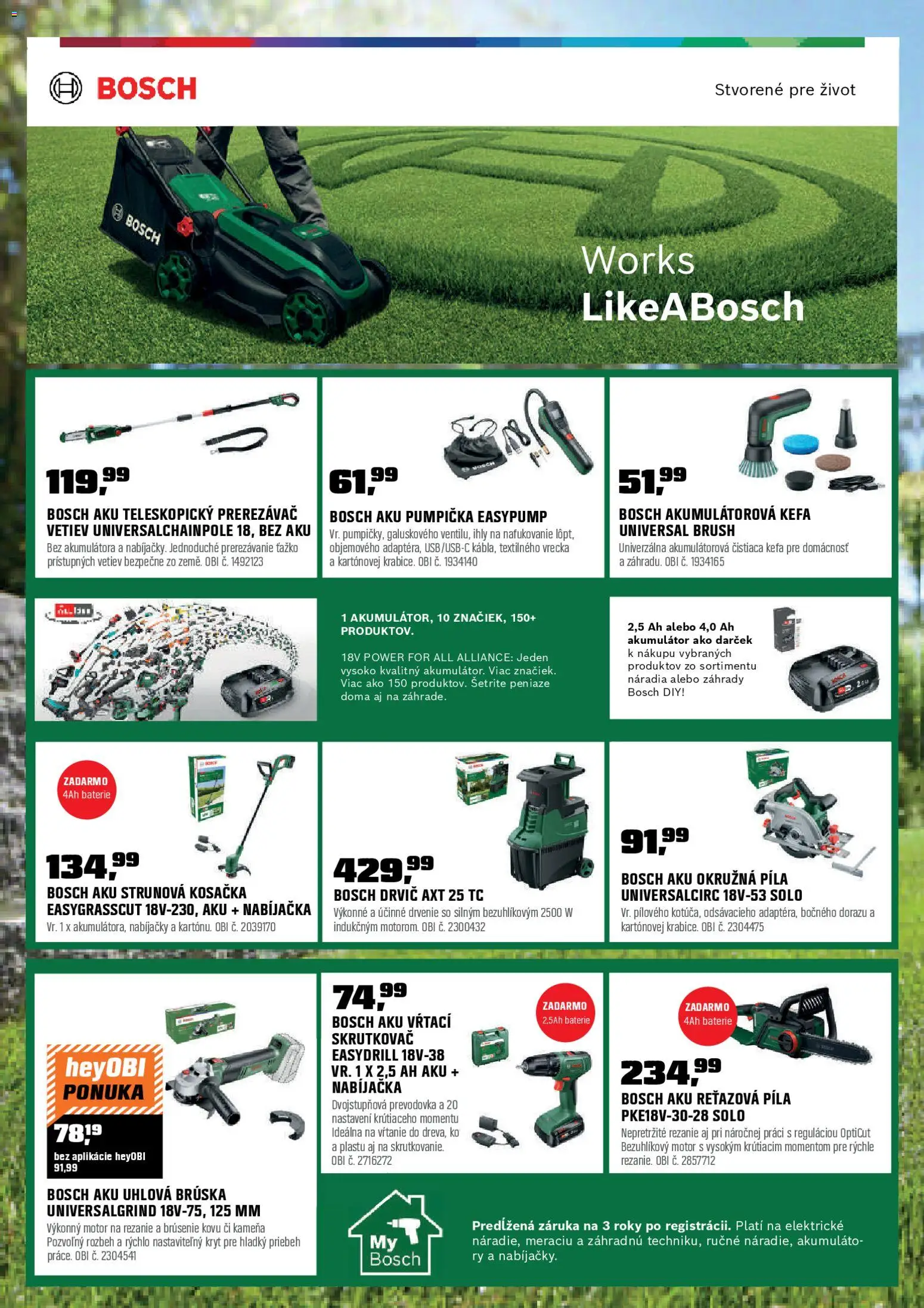 Nové OBI akcie – leták je platný od 01.04.2026 | Strana: 9 | Produkty: Aku reťazová píla, Reťazová píla, Kosačka, Skrutkovač