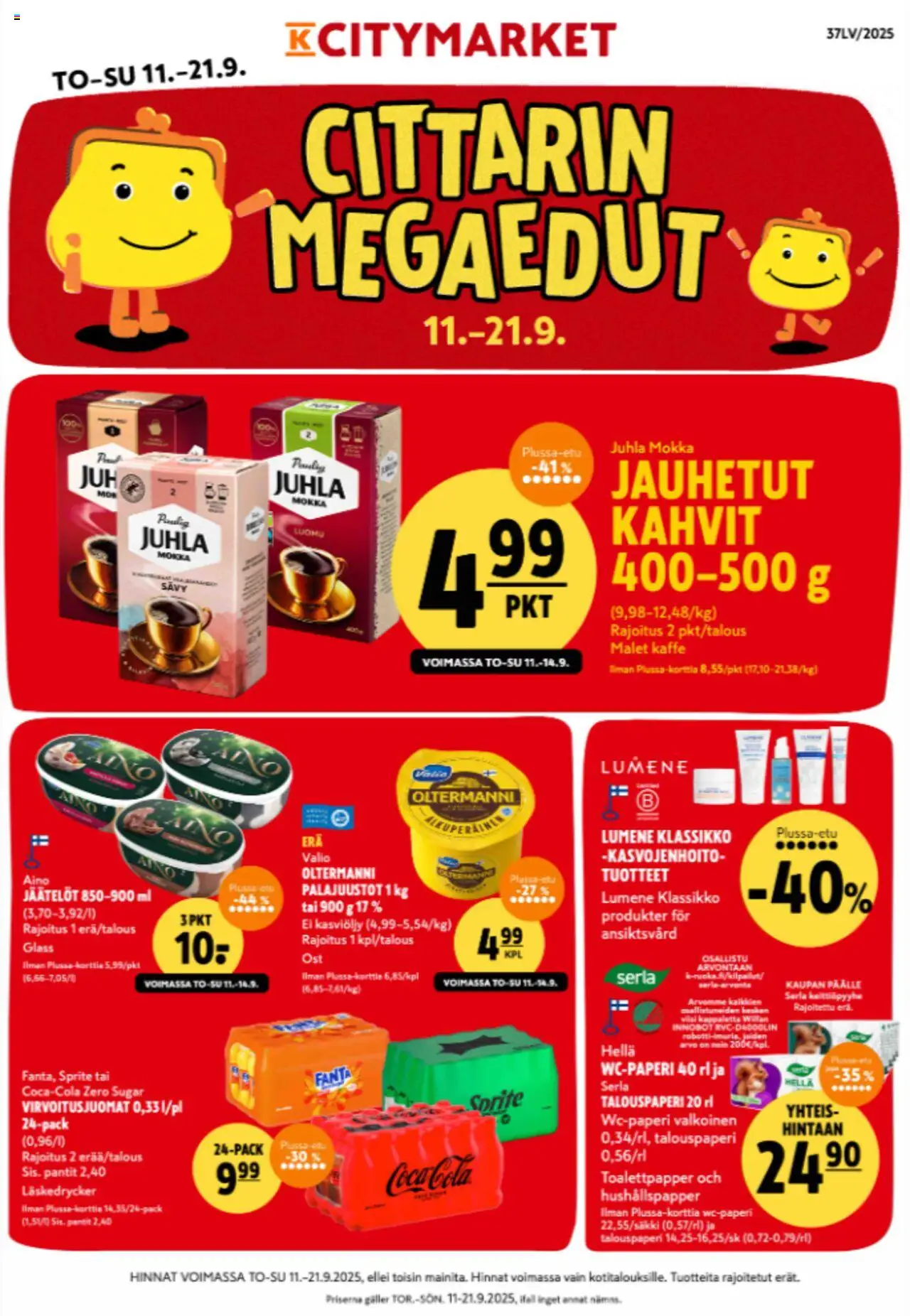 K-Citymarket tarjoukset – voimassa 11.09.2025 alkaen | Sivu: 1 | Tuotteet: Juhla Mokka, Hella, Sprite, Coca cola