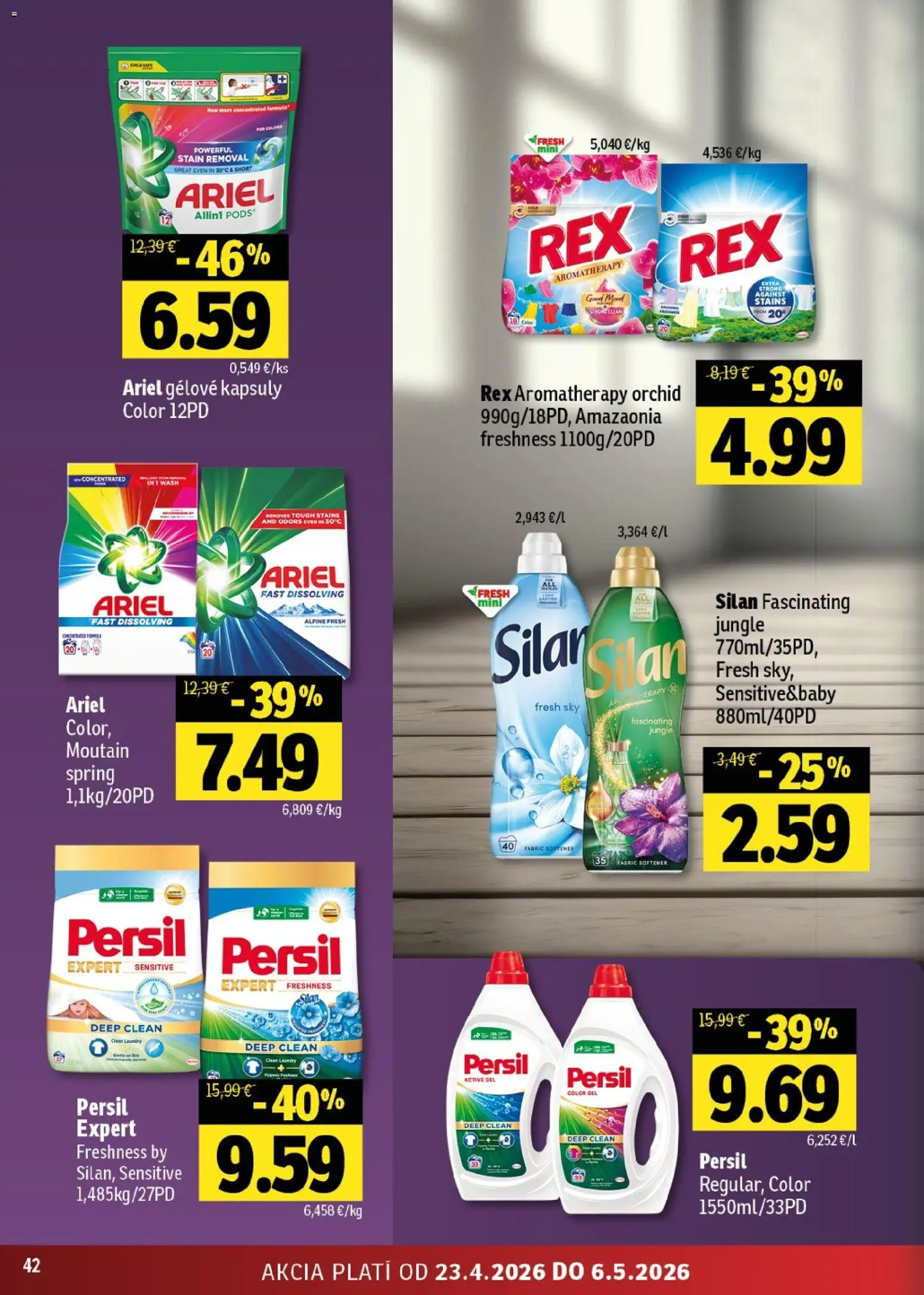 Nové Fresh akcie – leták je platný od 23.04.2026 | Strana: 42 | Produkty: Persil, Silan, Ariel