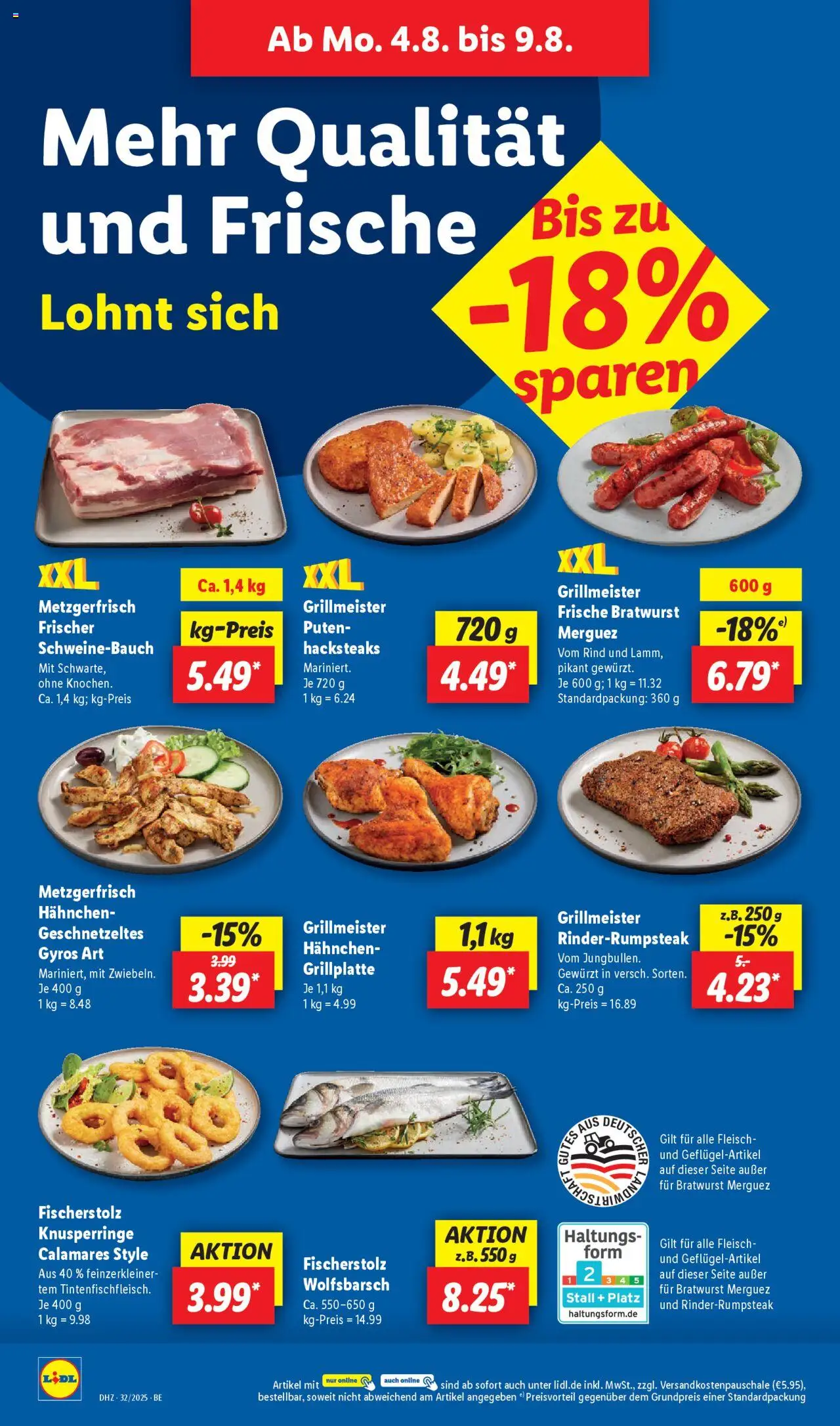 Lidl Prospekt Templin - gültig ab dem 04.08.2025 | Seite: 10 | Produkte: Hahnchen, Schweinebauch, Bratwurst, Fleisch