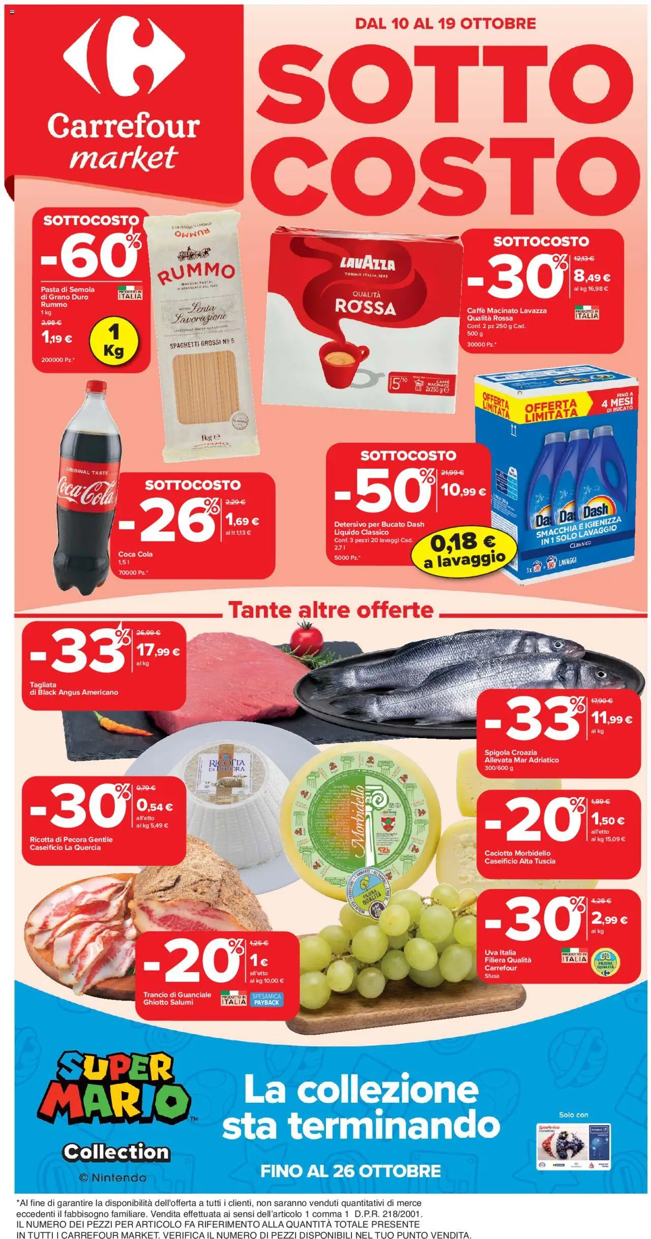 Volantino Carrefour del 10.10.2025 | Pagina: 1 | Prodotti: Uva, Ricotta, Guanciale, Coca Cola