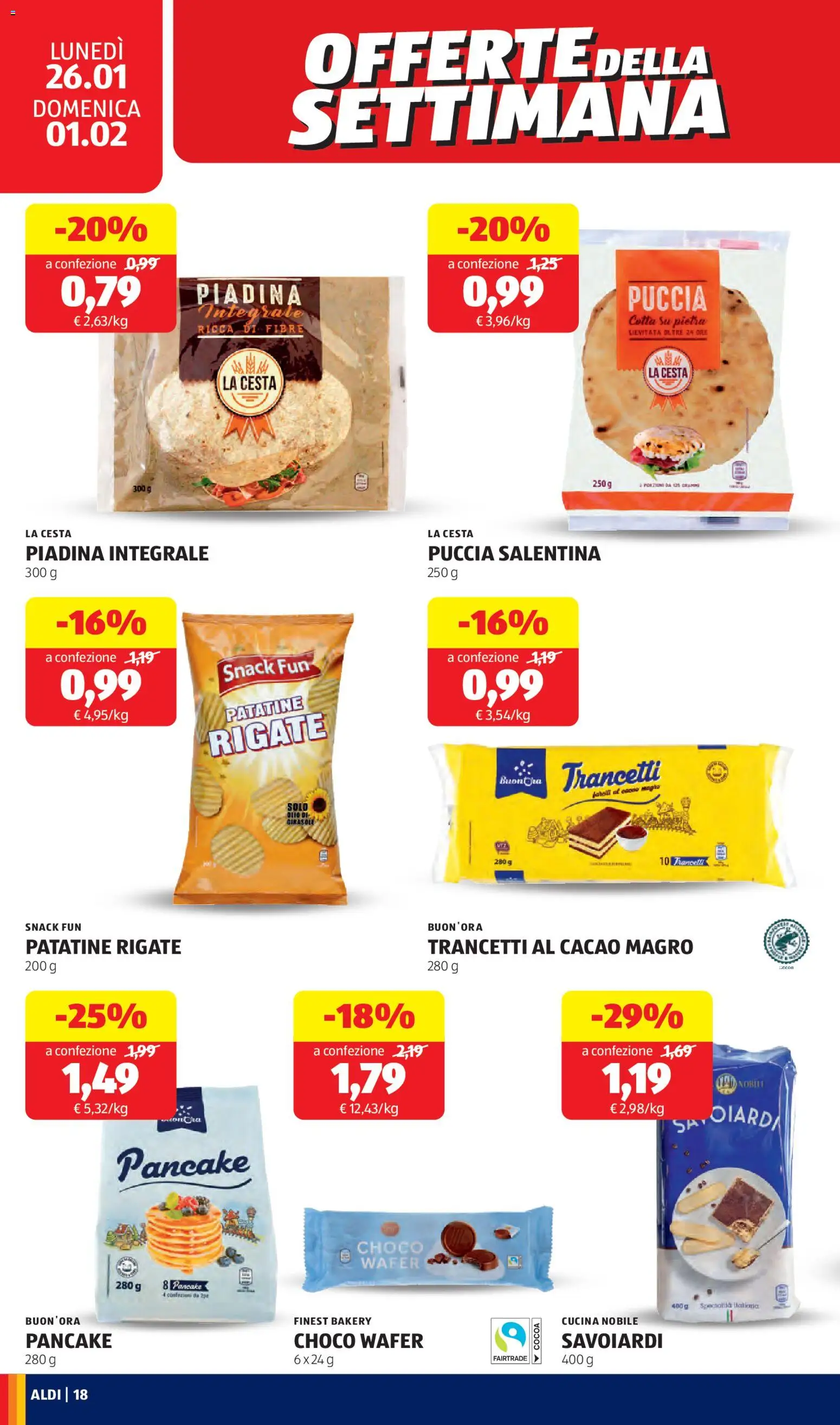 Volantino Aldi del 26.01.2026 | Pagina: 18 | Prodotti: Olio, Piadina, Cacao, Savoiardi