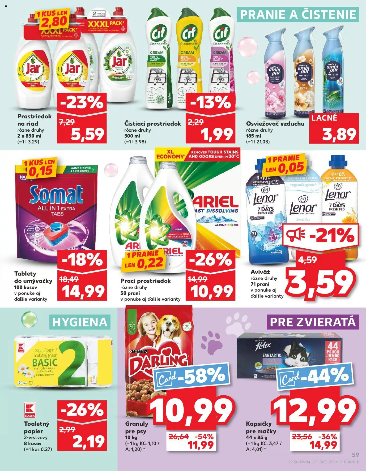 Nové Kaufland akcie – leták je platný od 22.01.2026 | Strana: 59 | Produkty: Osviežovač vzduchu, Aviváž, Čistiaci prostriedok, Ariel