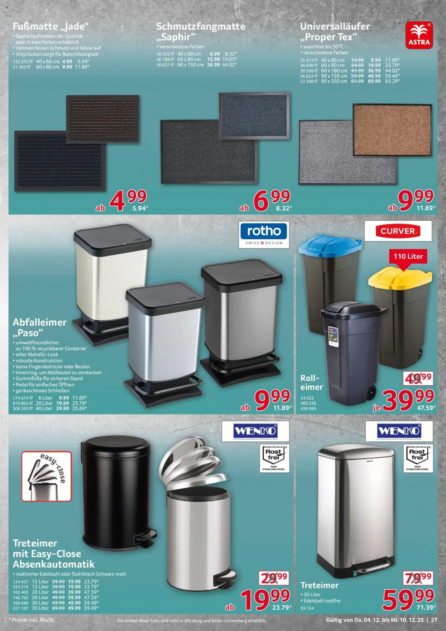 Selgros  Non Food – gültig ab 04.12.2025 | Seite: 27 | Produkte: Astra, Fußmatte, Schmutzfangmatte, Abfalleimer