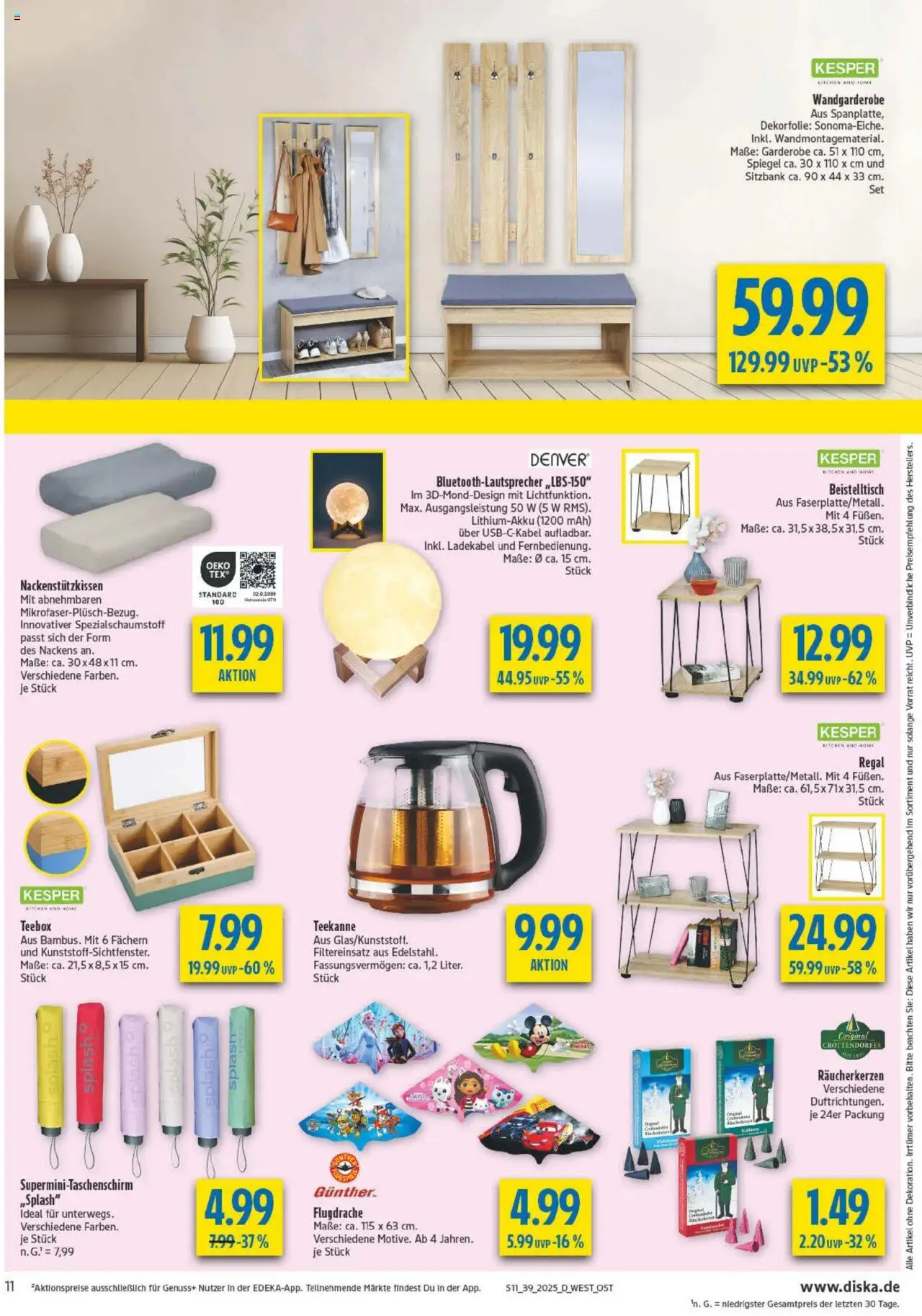 Diska Prospekt 	 – gültig ab 22.09.2025 | Seite: 11 | Produkte: Beistelltisch, Regal, Ladekabel, Teekanne