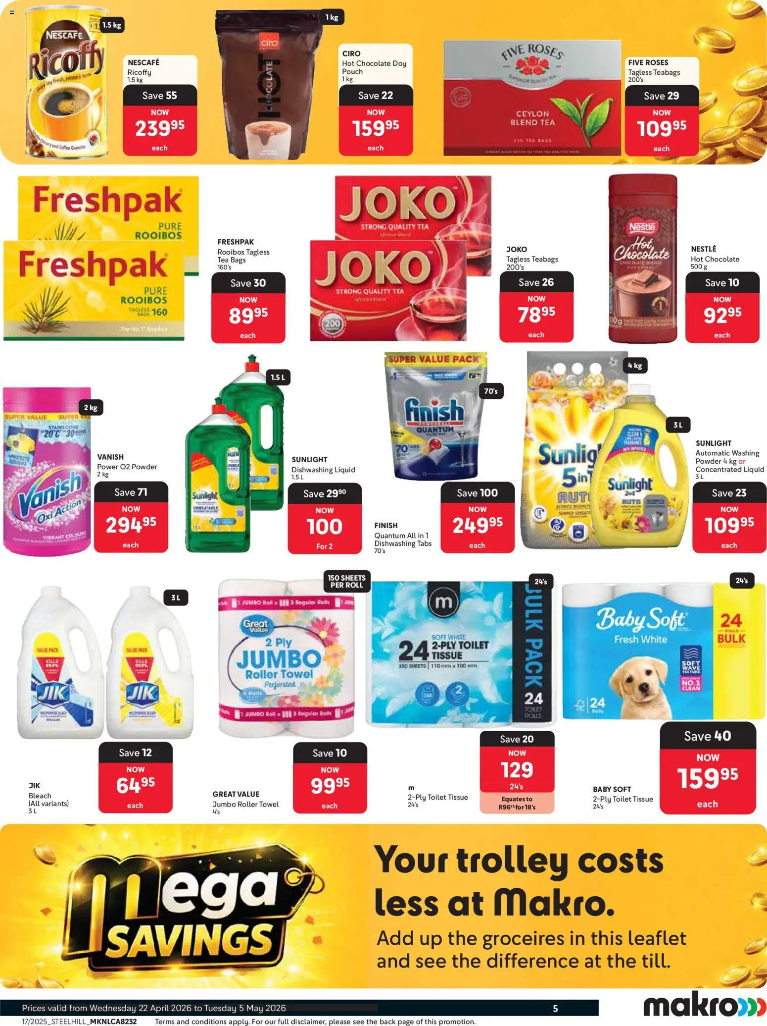 New Makro catalogue – valid from 22.04.2026 | Page: 5 | Products: Towel, Bleach, Chocolate, Washing powder