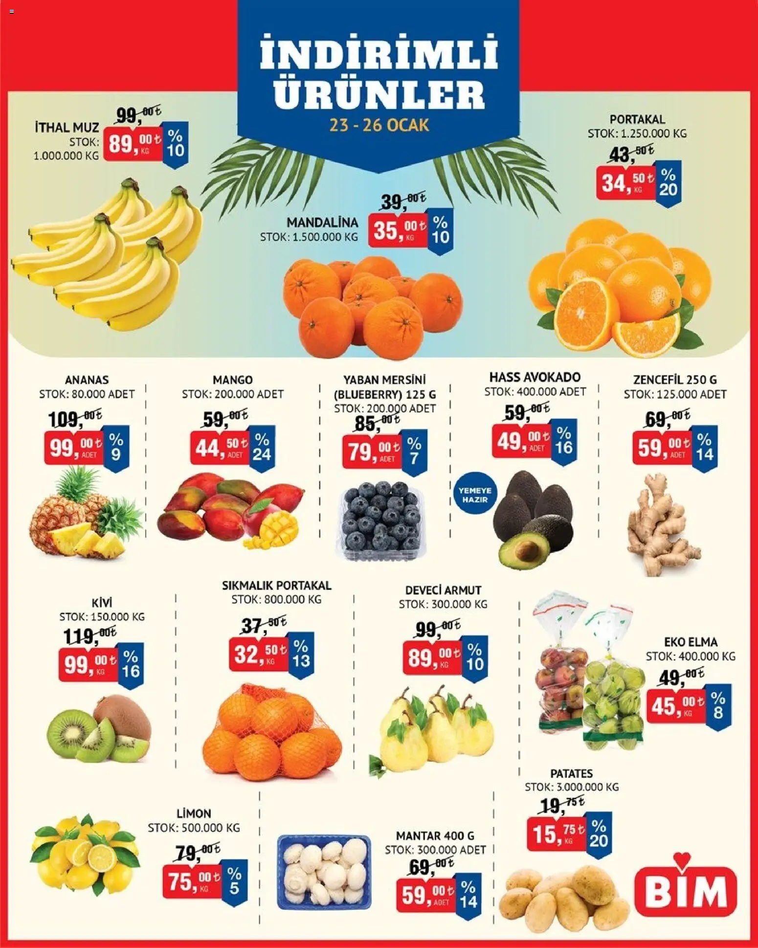 BİM - Meyve-Sebze, İndirim - 23.01.2026 tarihinden itibaren geçerlidir | Sayfa: 1 | Ürünler: Elma, Ananas, Limon, Ocak