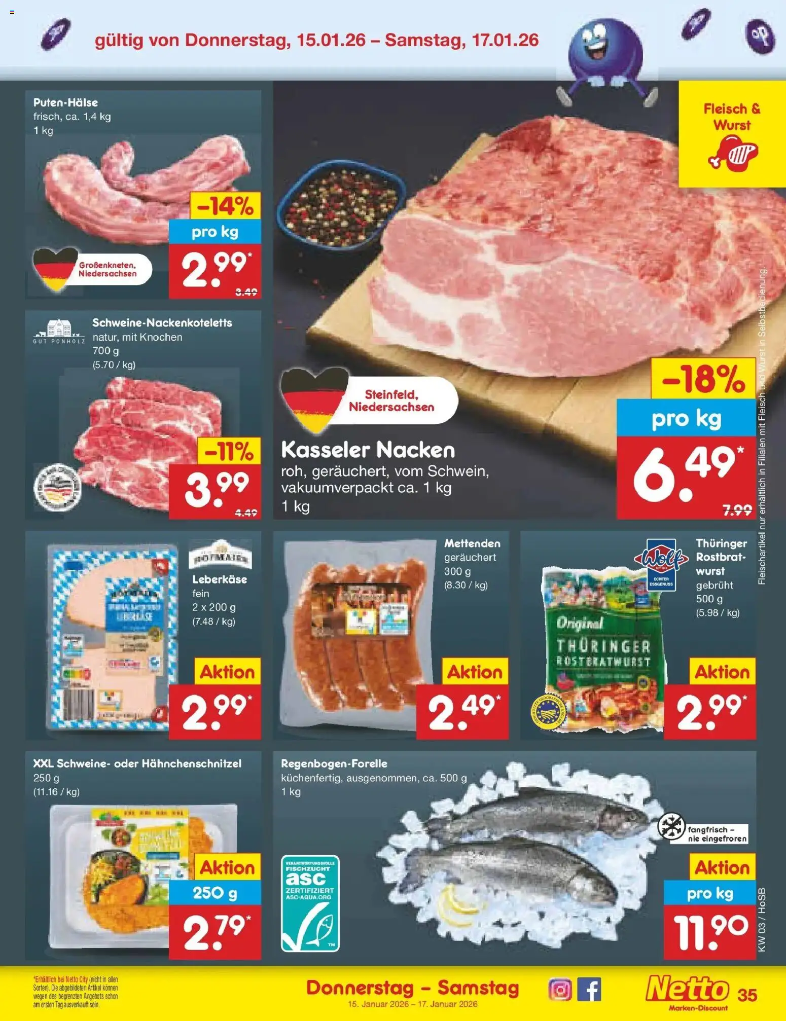 Netto Marken-Discount prospekt Hannover	 – gültig ab 12.01.2026 | Seite: 45 | Produkte: Kasseler nacken, Wurst, Fleisch, Leberkase