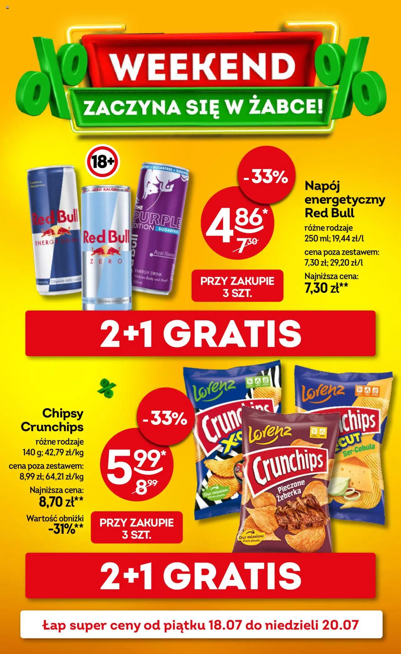 Żabka Gazetka - Weekendowe promocje od 18.07.2025 | Strona: 1 | Produkty: Chipsy, Red bull, Body