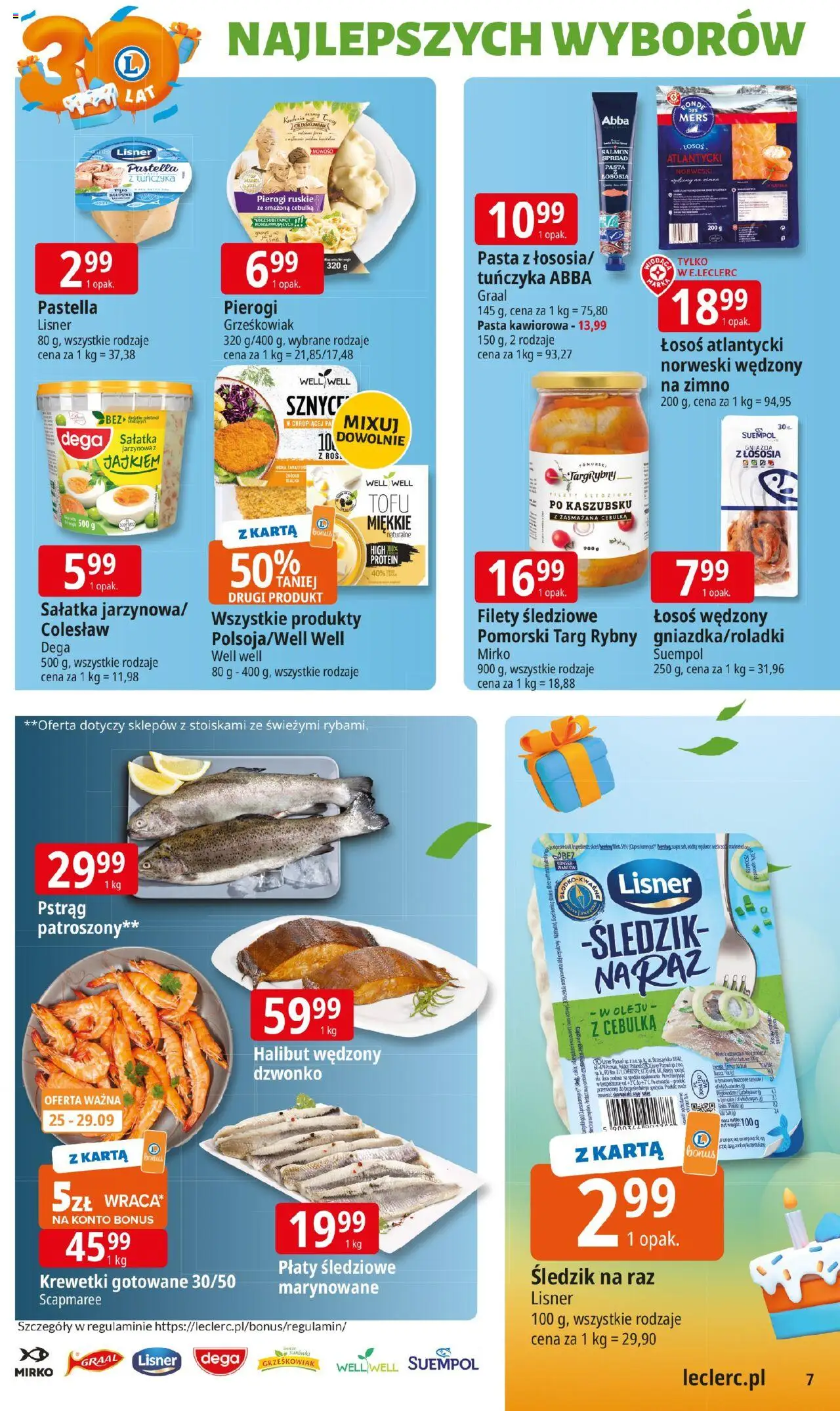 E.Leclerc Gazetka od 22.09.2025 | Strona: 7 | Produkty: Karta, Pstrąg, Halibut, Krewetki gotowane