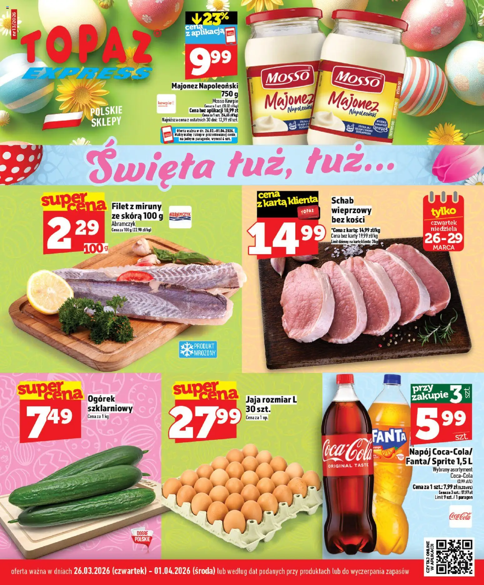 Topaz gazetka - Express od 26.03.2026 | Strona: 1 | Produkty: Karta, Schab, Majonez, Jaja