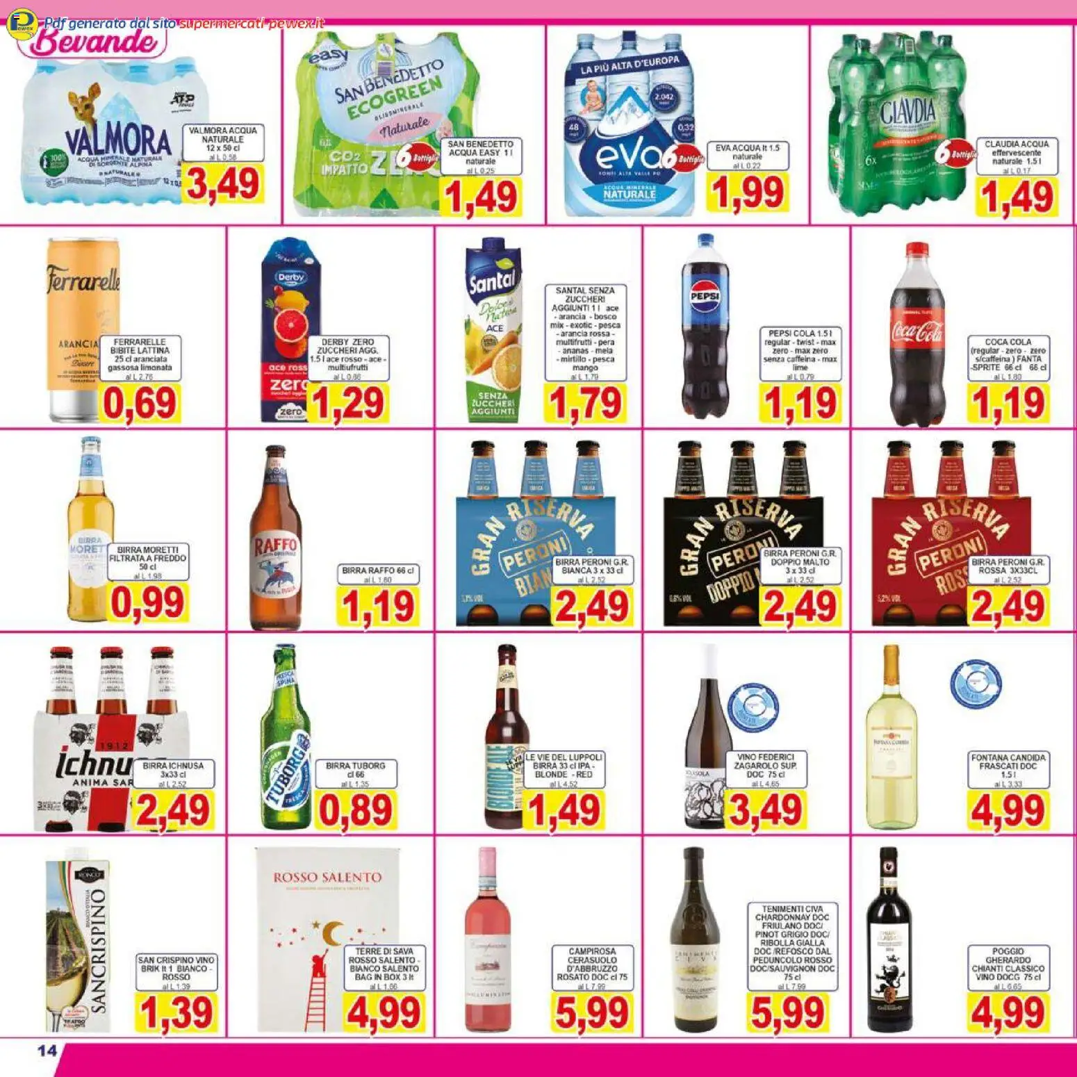 Volantino Pewex del 07.01.2026 | Pagina: 14 | Prodotti: Vino, Birra Moretti, Pera, Ferrarelle
