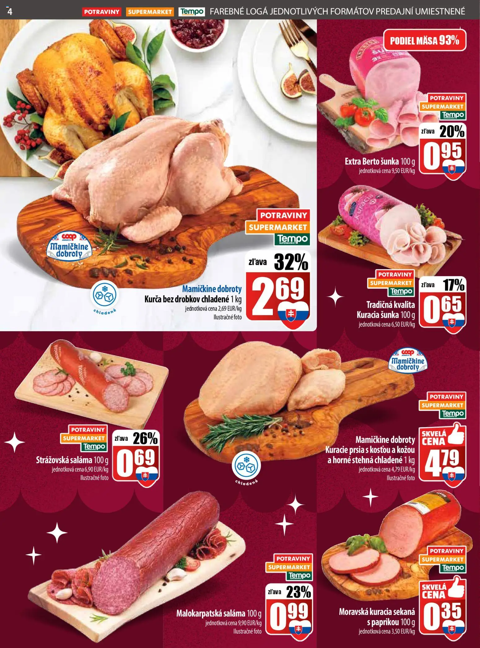 Nové COOP Jednota akcie – leták je platný od 11.12.2025 | Strana: 4 | Produkty: Saláma, Šunka, Kuracie prsia, Kurča