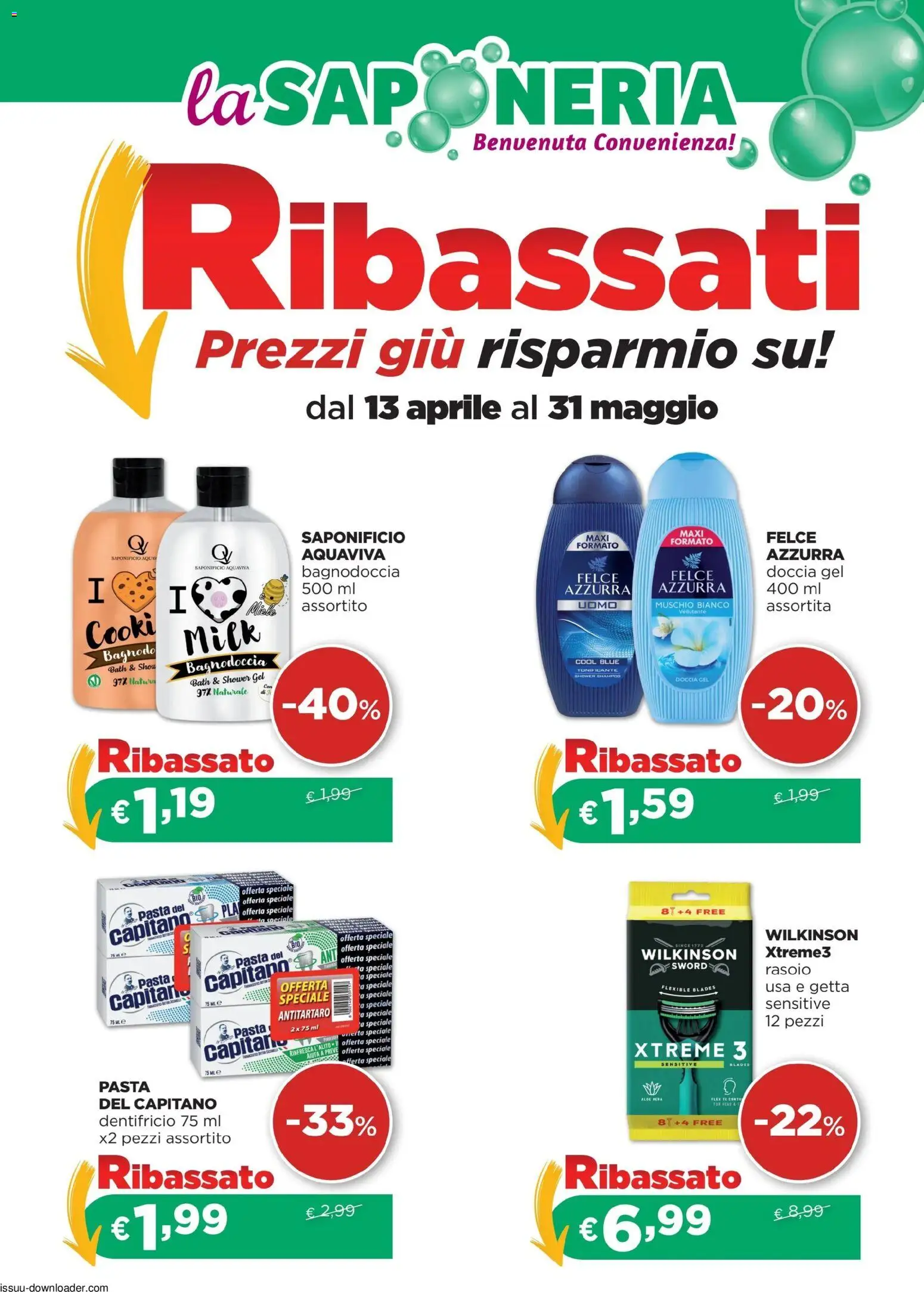 Volantino La Saponeria del 13.04.2026 | Pagina: 1 | Prodotti: Rasoio, Dentifricio, Pasta, Aloe vera