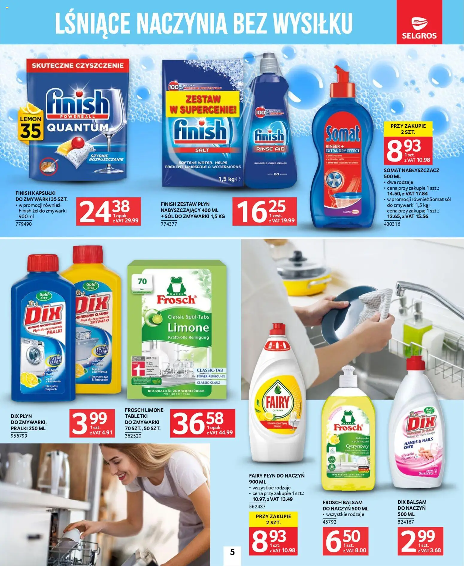 Selgros cash&carry gazetka - Sprzątanie od 26.03.2026 | Strona: 5 | Produkty: Płyn do czyszczenia pralki, Cleaner, Sól do zmywarki, Fairy