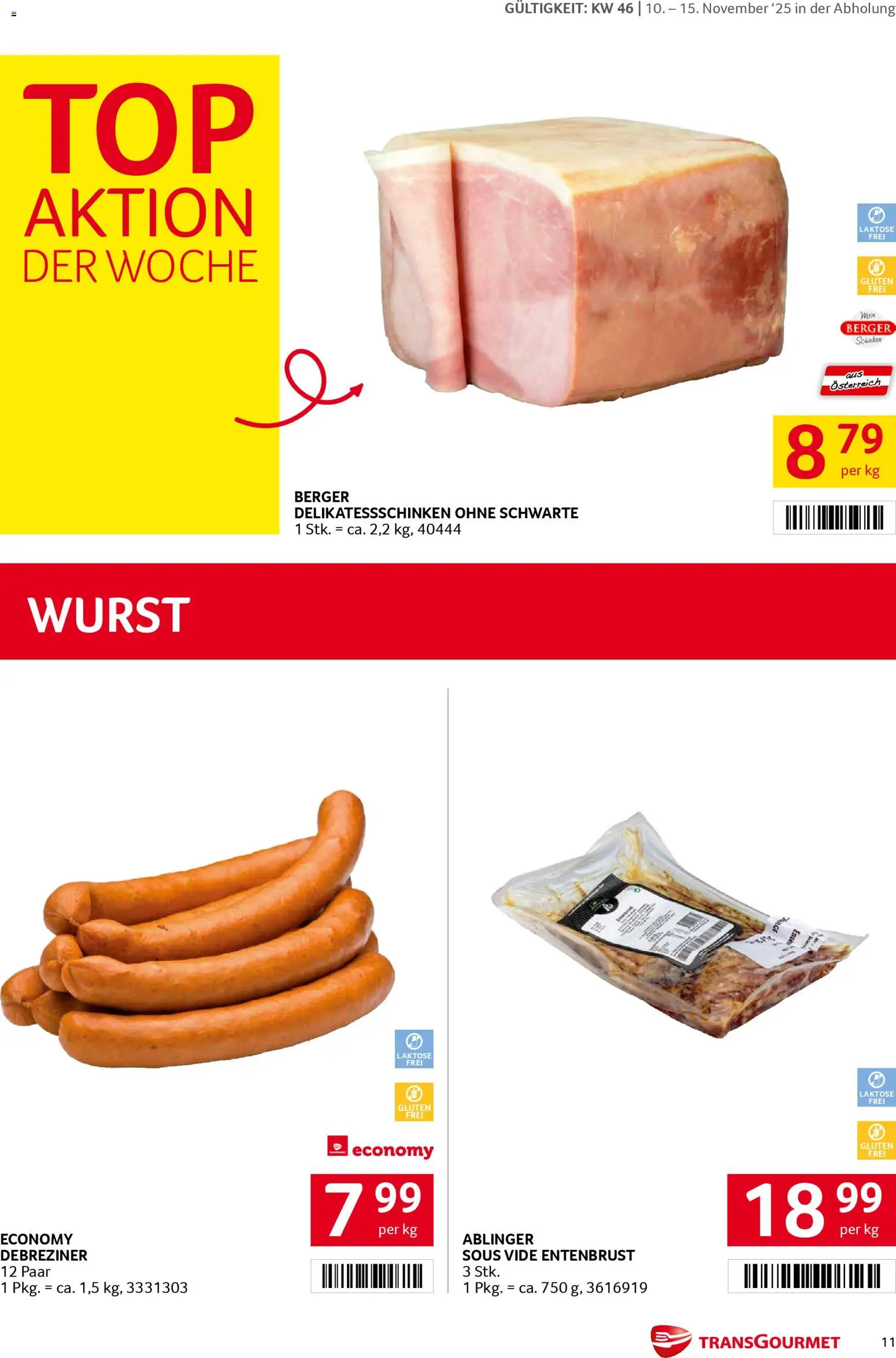 Transgourmet Flugblatt gültig ab 10.11.2025 | Seite: 11 | Produkte: Wurst, Schinken