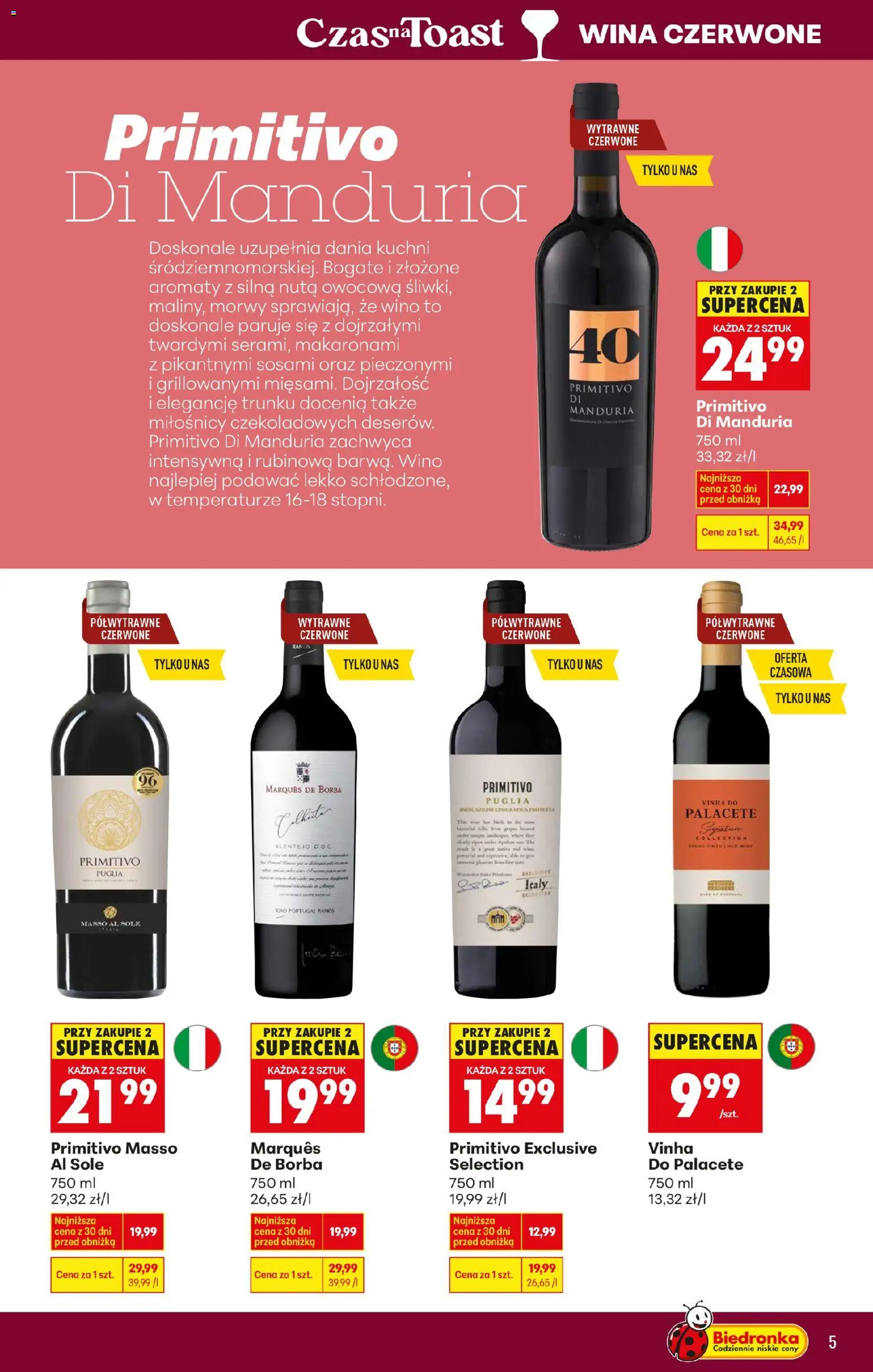 Biedronka gazetka - Czas na toast od 12.01.2026 | Strona: 5 | Produkty: Primitivo Di Manduria, Wino