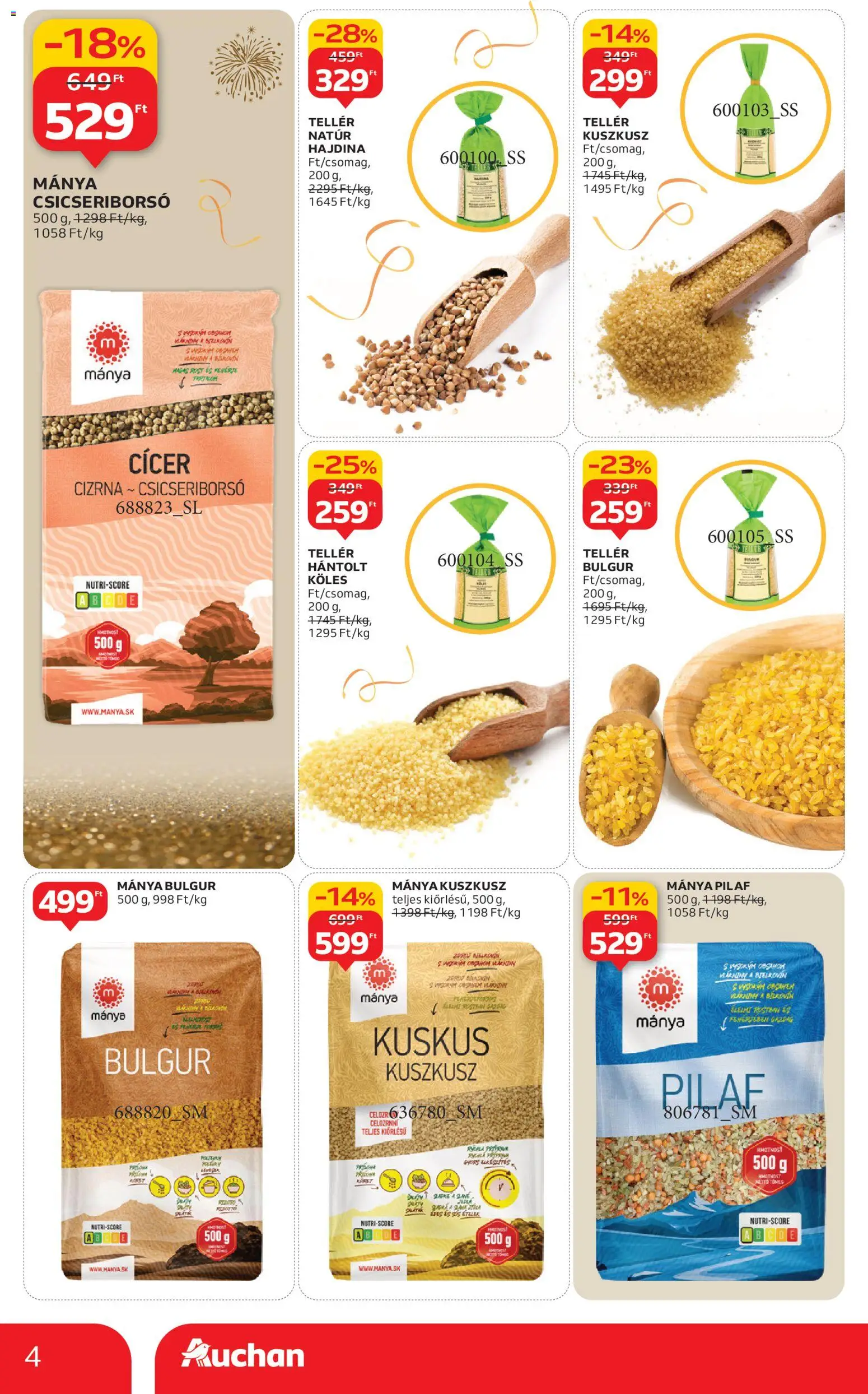 Auchan akciós ujság - amely érvényes a következő dátumtól: 27.12.2025 | Oldal: 4 | Termékek: Hajdina, Csicseriborsó, Bulgur, Kuszkusz