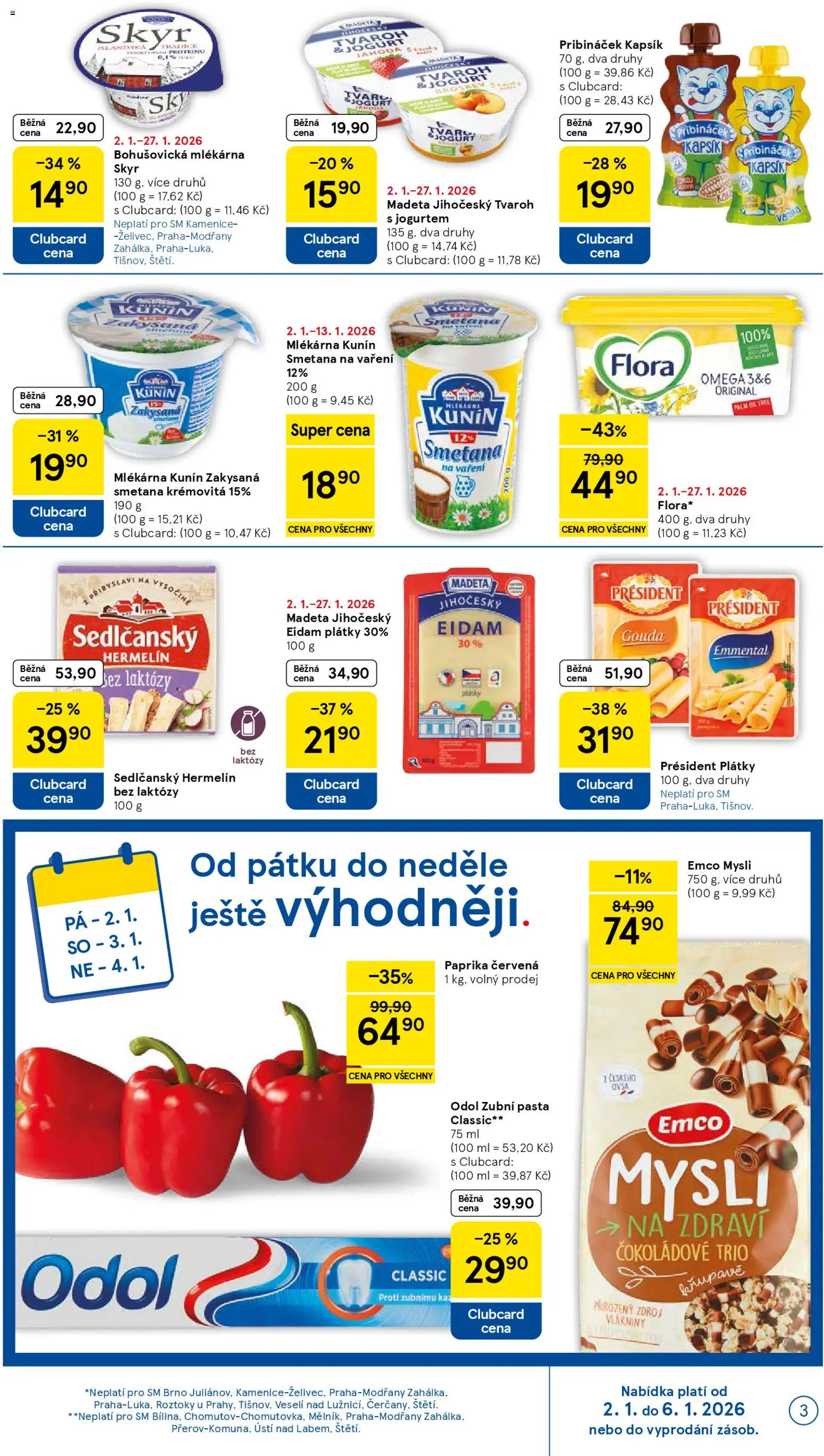 Tesco leták - Supermarket od 02.01.2026 | Strana: 3 | Produkty: Sedlčanský Hermelín, Gouda, Skyr, Paprika červená