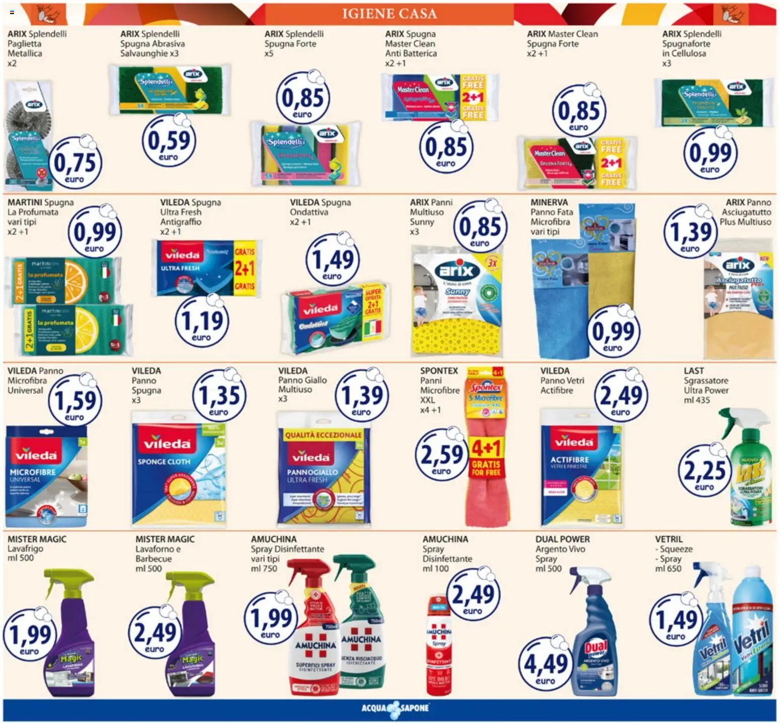 Volantino Acqua e Sapone del 07.04.2026 | Pagina: 11 | Prodotti: Spugna, Sapone, Spray disinfettante, Sgrassatore